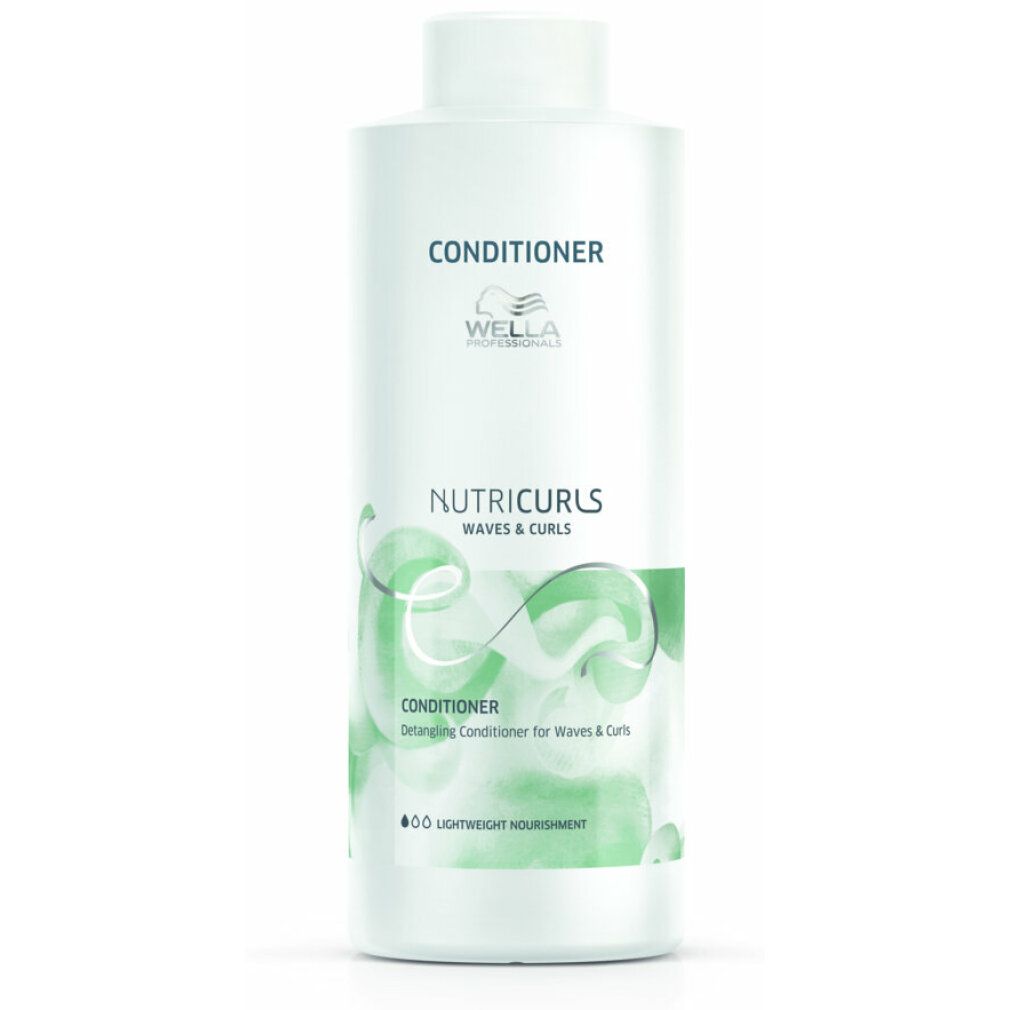 Weiße Flasche mit Conditioner-Aufschrift. Marke Wella Eimi Nutricurls. Text: Waves & Curls, Conditioner für Wellen und Locken. 1 Liter.