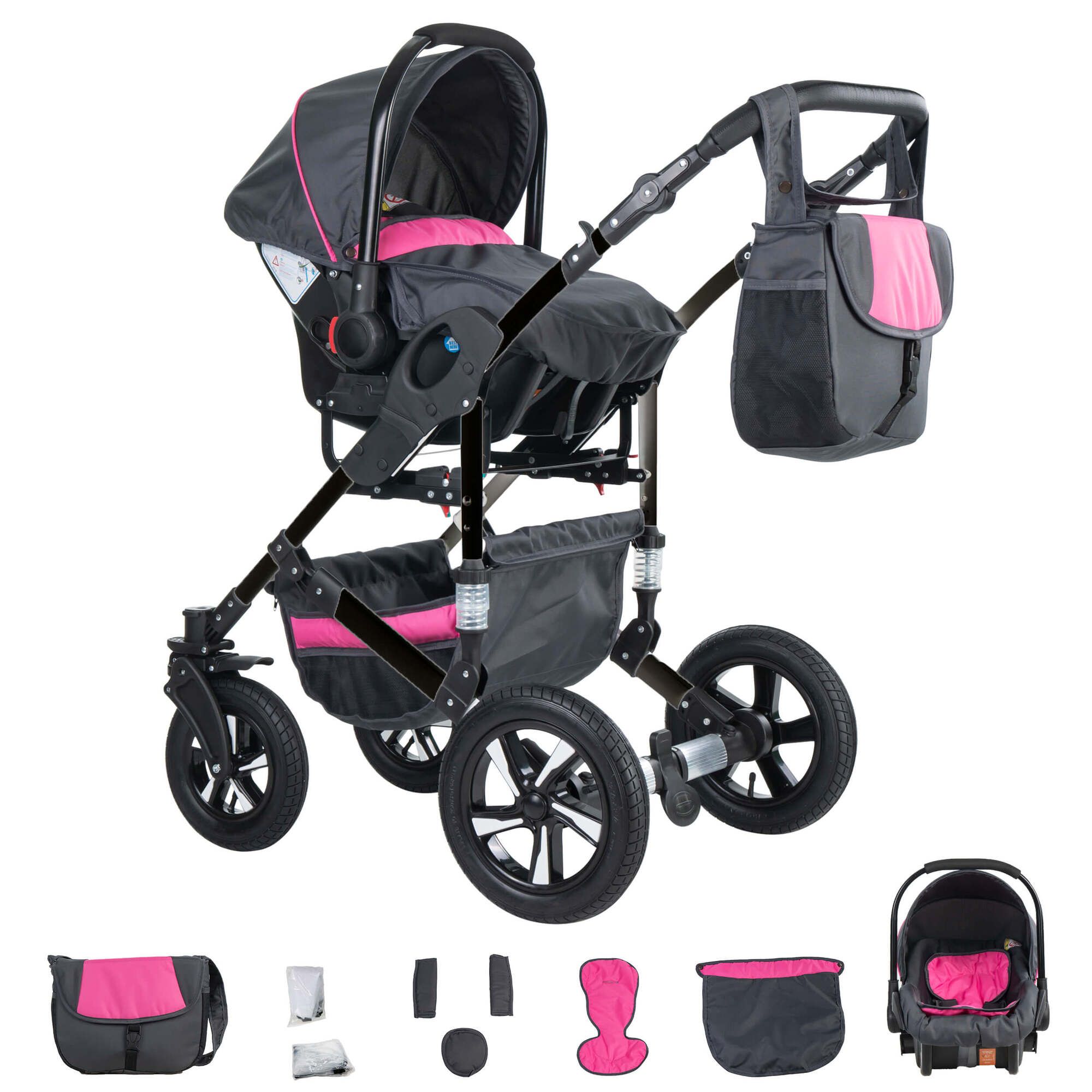 Friedrich Hugo Münster 4 in 1 Kinderwagen Komplettset ISOFIX Basis Luftreifen, Grey & Pink