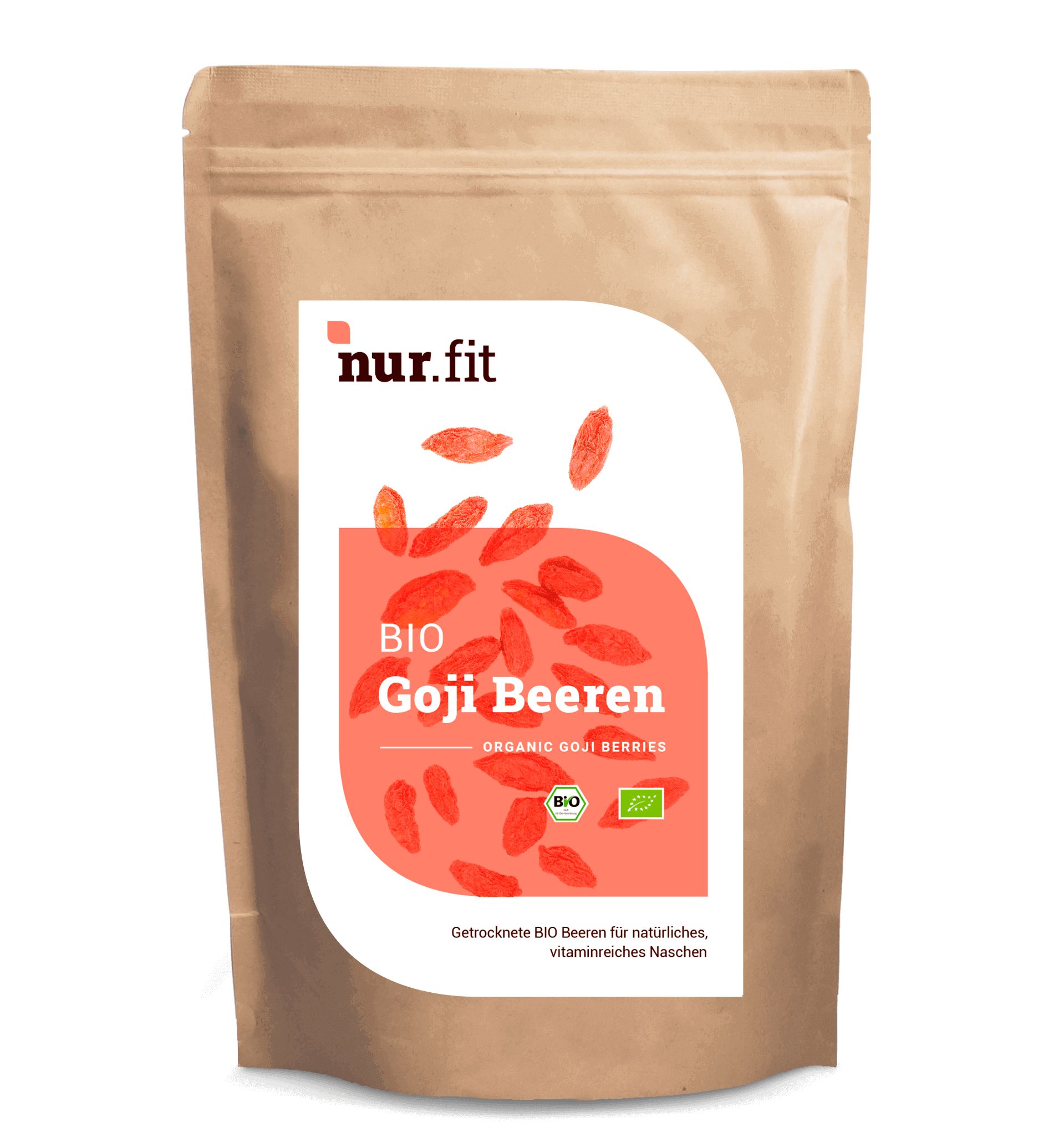 Beutel mit BIO Goji Beeren. Aufdruck mit Produktname, Logo und Bio-Siegel. Hintergrund hell.