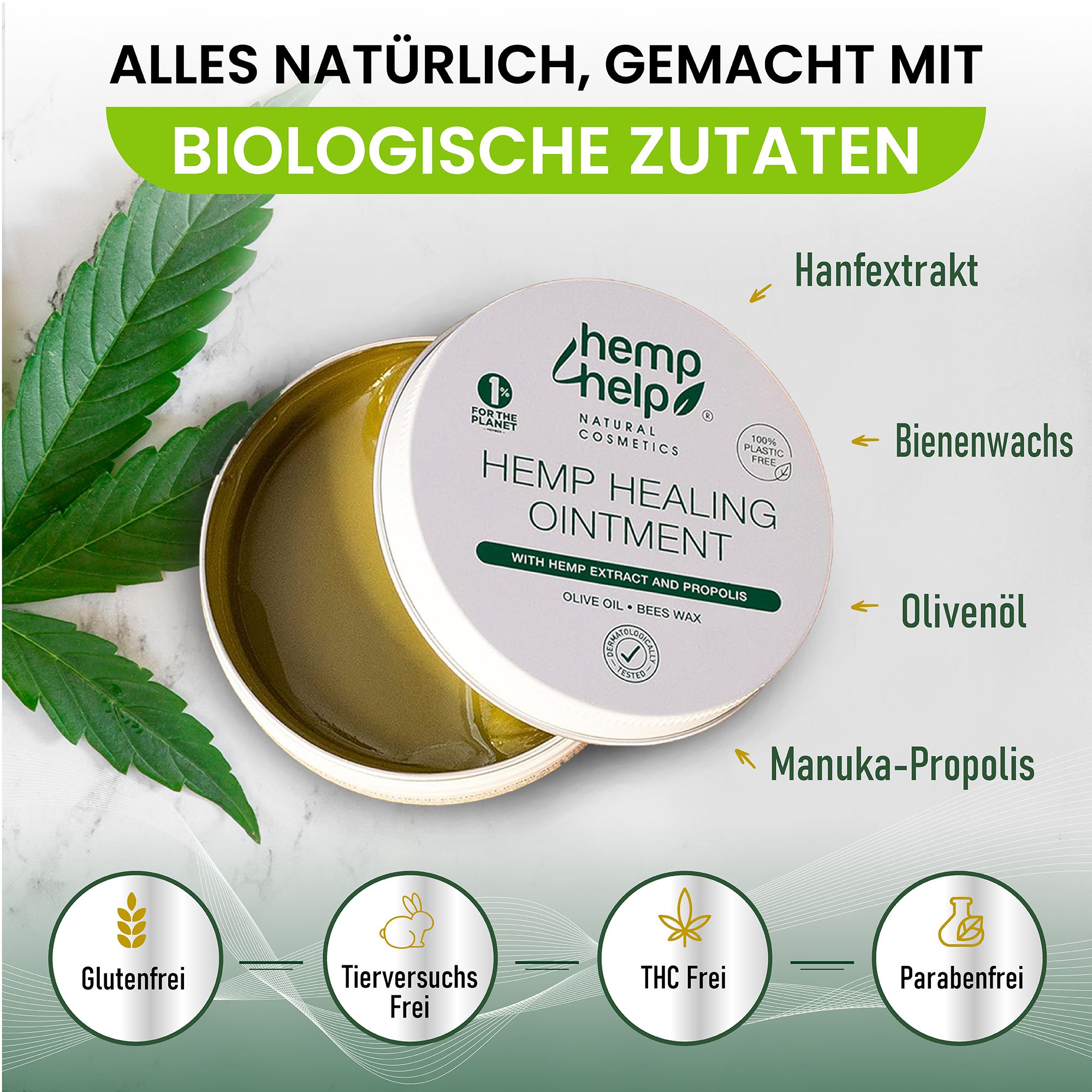 Geöffnete Dose "hemp help"-Salbe. Text: Alles natürlich, hergestellt mit biologischen Zutaten. Inhaltsstoffe: Hanfextrakt, Bienenwachs, Olivenöl, Manuka-Propolis.