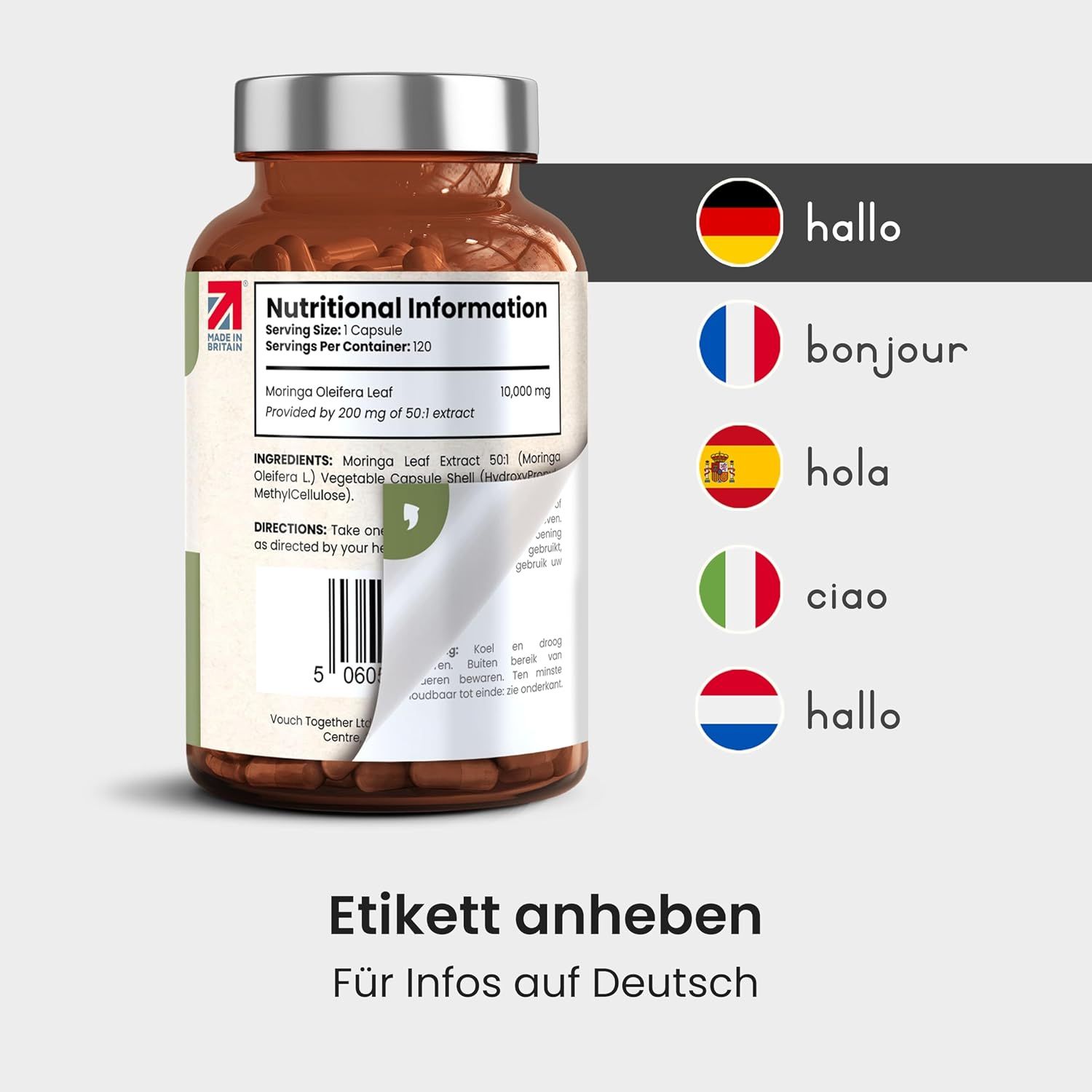 Eine Flasche mit Moringa-Kapseln. Etikett mit Nährwertangaben und mehrsprachigen Begrüßungen.