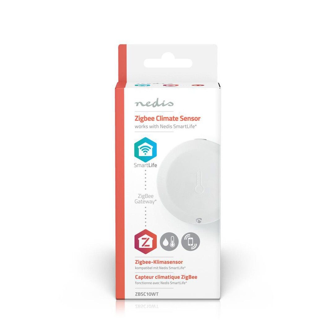 Verpackung des Zigbee Climate Sensor. Text: Nedis, Zigbee Climate Sensor, SmartLife, Zigbee Gateway.