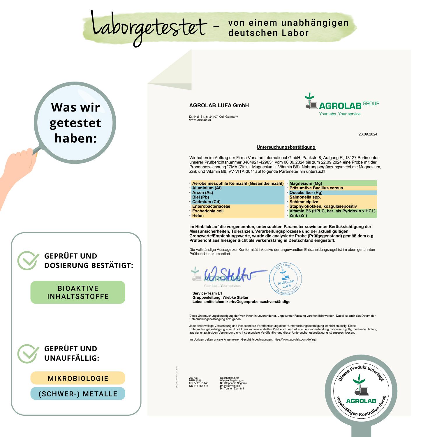 Zertifikat eines unabhängigen deutschen Labors. Bestätigung der Inhaltsstoffe und Mikrobiologie. Produkt unterliegt der Qualitätskontrolle.