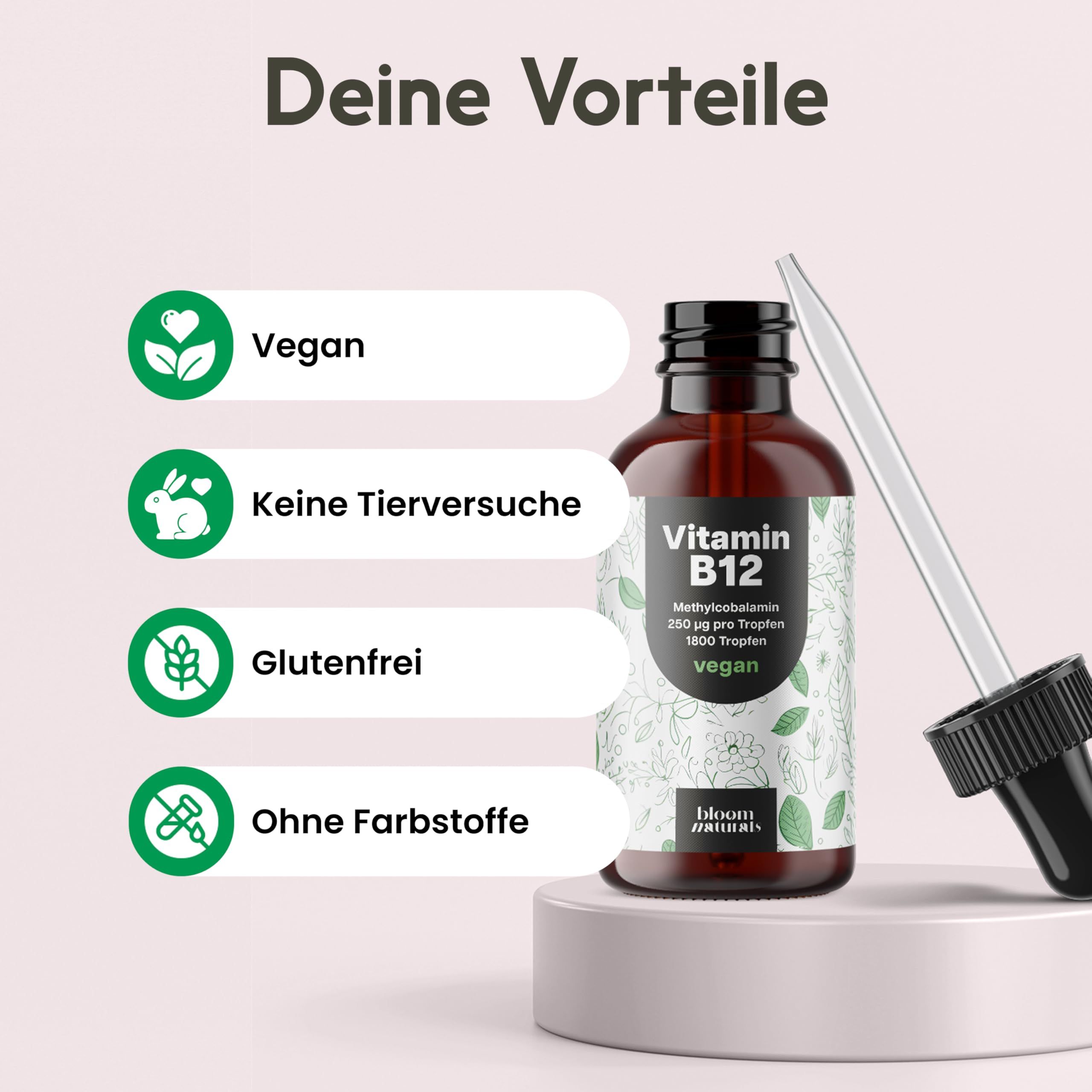Produktflasche mit Pipette. Text: "Vegan", "Keine Tierversuche", "Glutenfrei", "Ohne Farbstoffe".