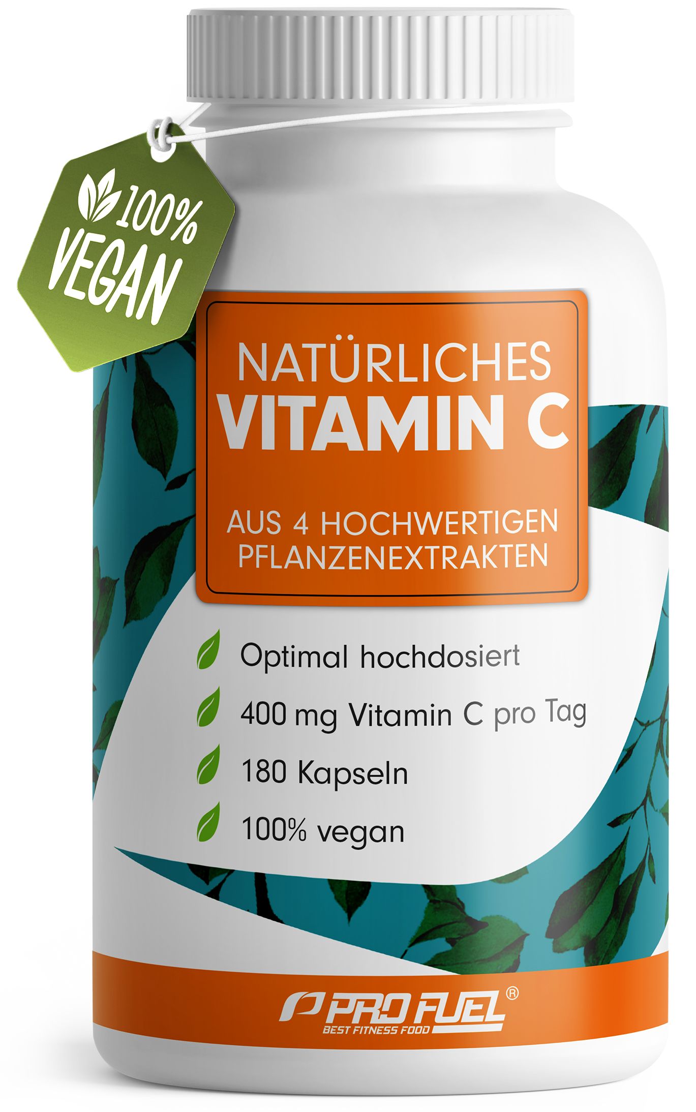Weiße Flasche mit Kapseln. Aufschrift: Natürliches Vitamin C. 100% vegan. Enthält 180 Kapseln. Marke: ProFuel.