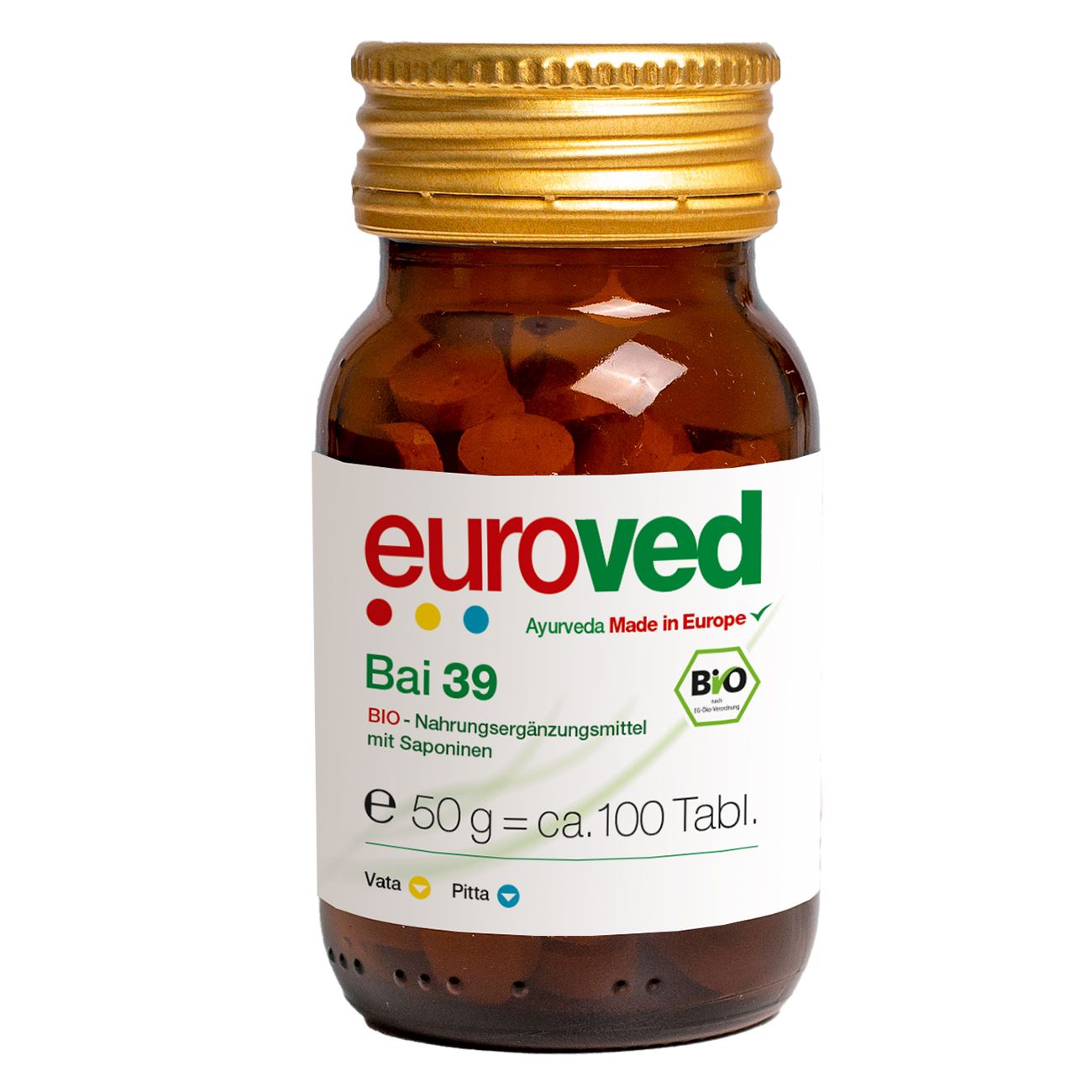 Braune Glasflasche mit Tabletten. Aufschrift euroved Bai 39. BIO-Siegel. Goldfarbener Deckel.