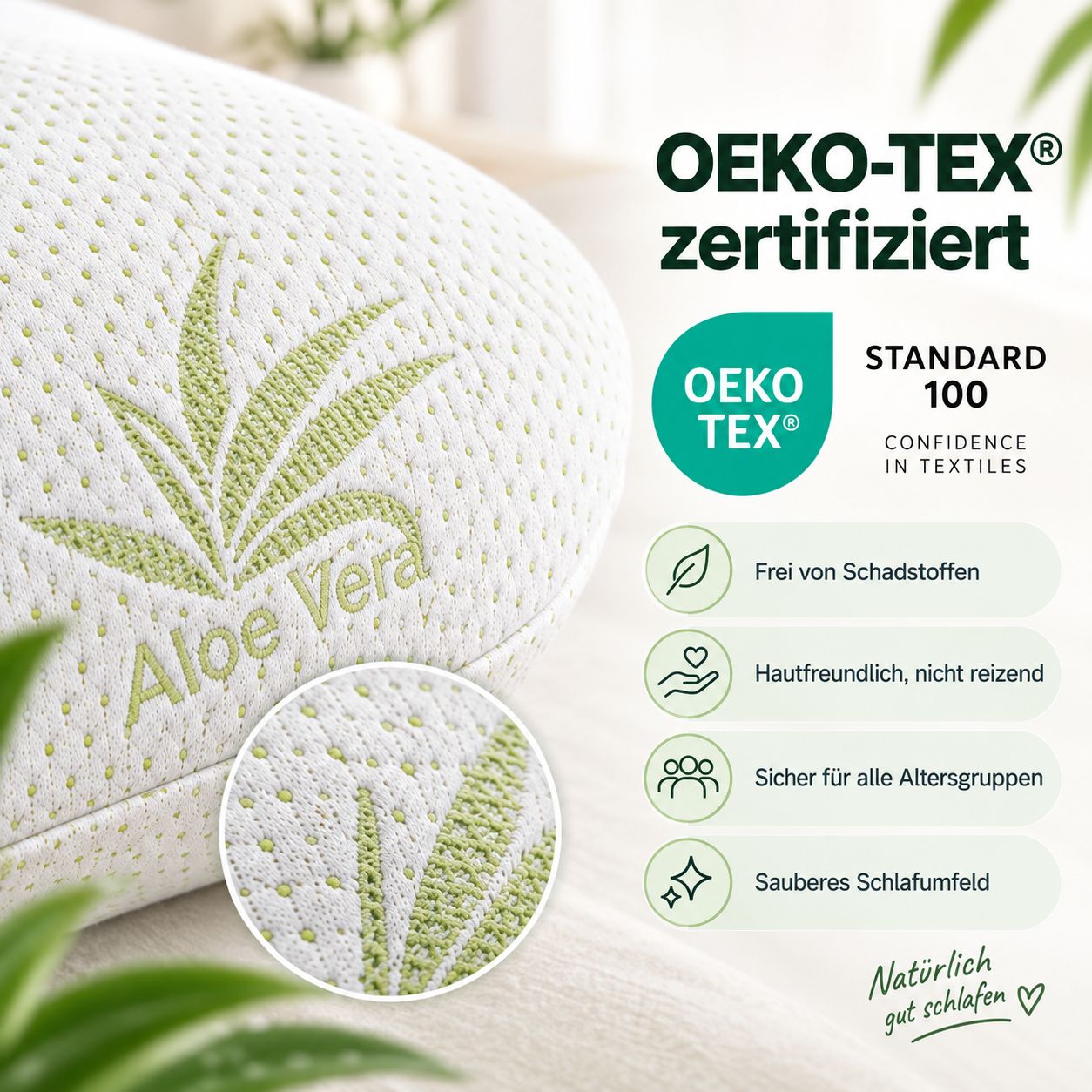 Nahaufnahme des Kissenbezugs mit Aloe Vera und Blättermotiv.