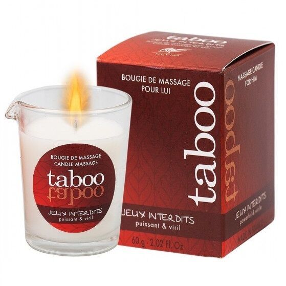 Taboo Massagekerze in Glasbehälter mit Ausguss, brennend. Rote Verpackung mit Text.