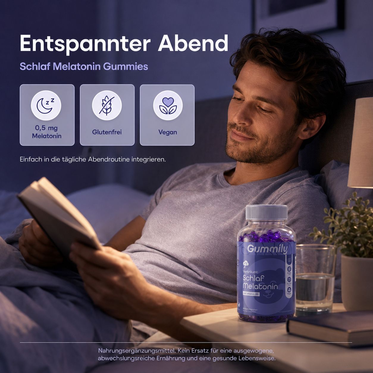 Mann liest im Bett, neben ihm ein Glas Gummibärchen. Icons zeigen 0,5 mg Melatonin, glutenfrei und vegan.