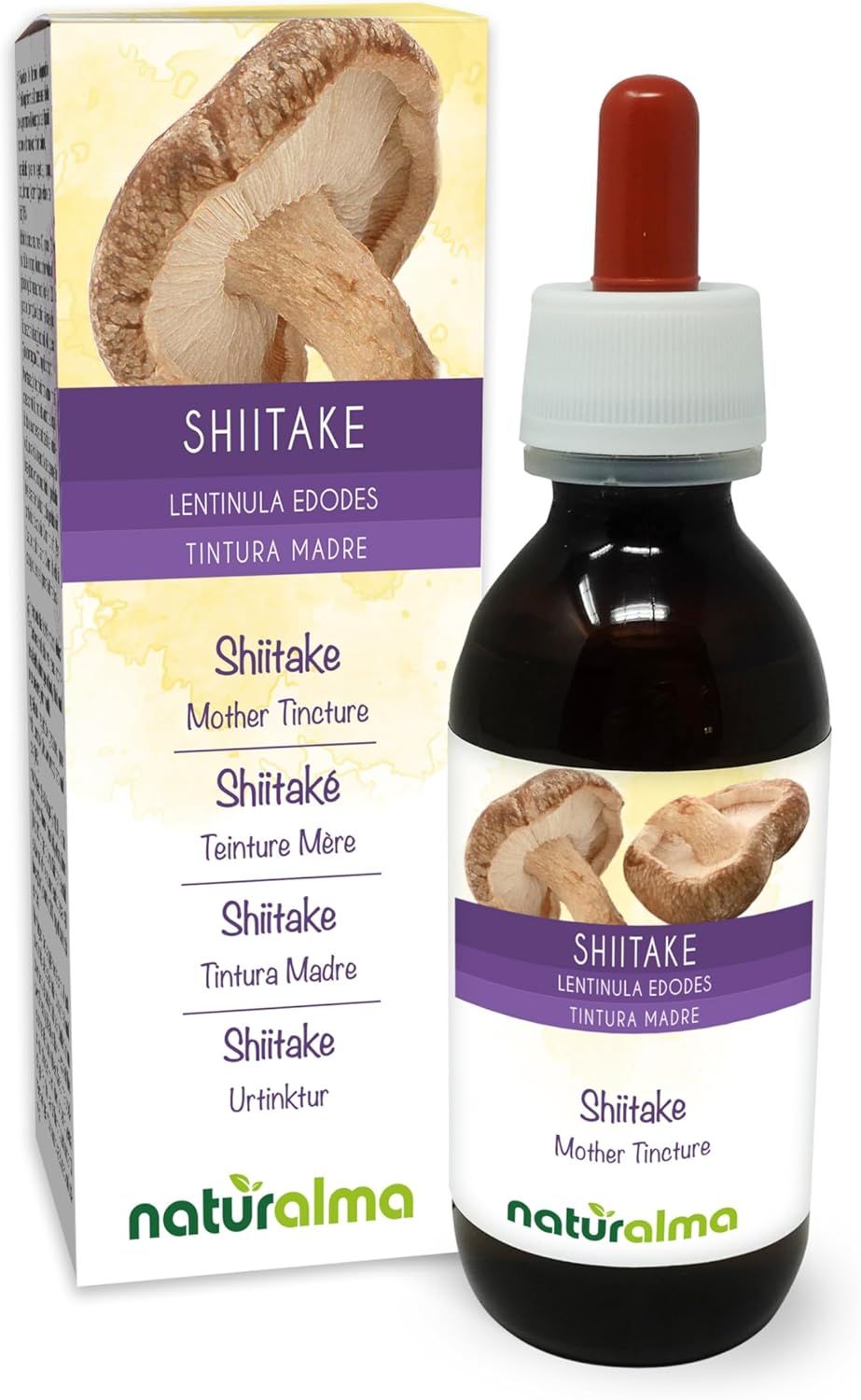 Braune Glasflasche mit roter Pipette und Karton. Aufschrift: Shiitake, Mother Tincture. Logo Naturalma.