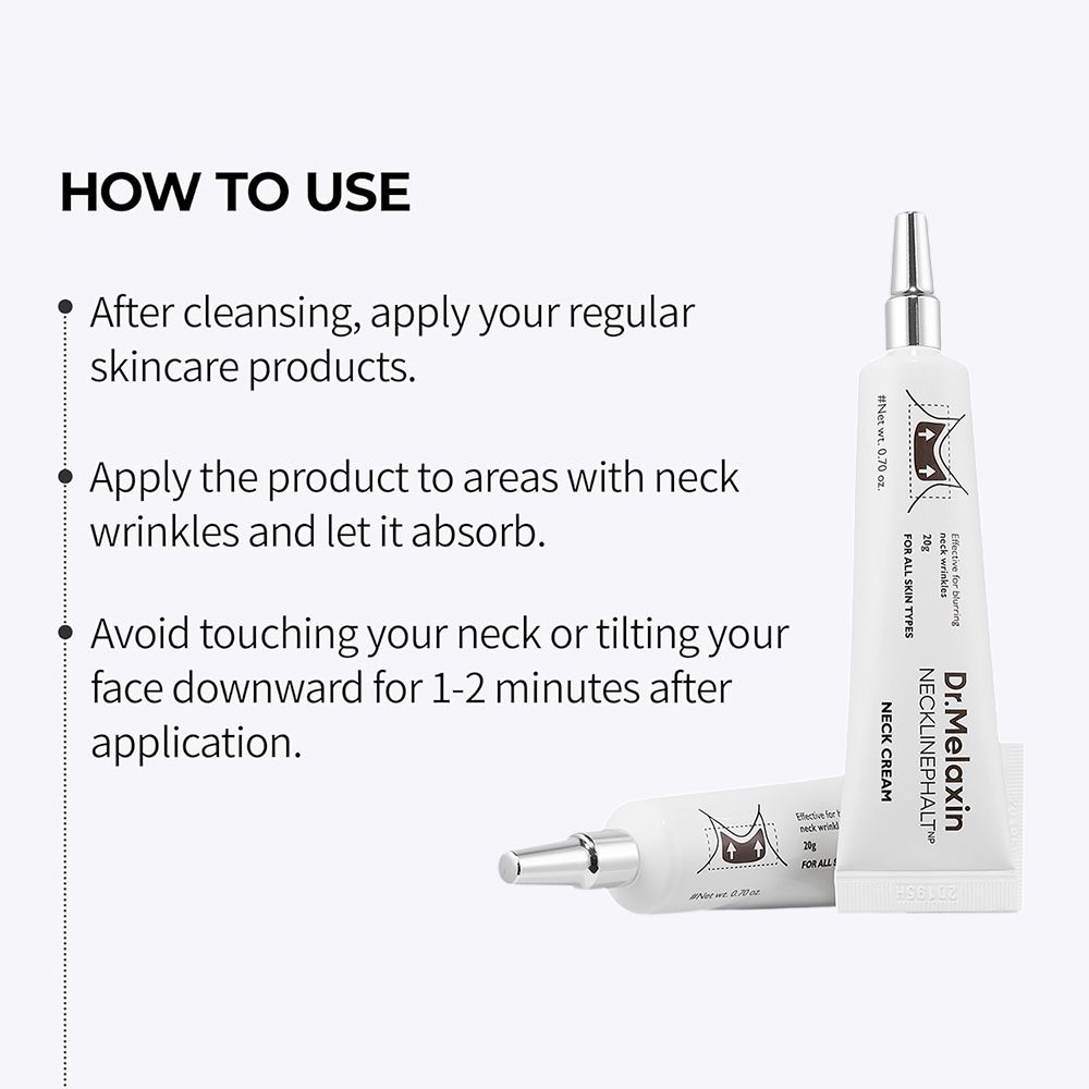 Weiße Tube mit silbernem Applikator, beschriftet mit 'Dr.Melaxin Necklinephalt Neck Cream'.
