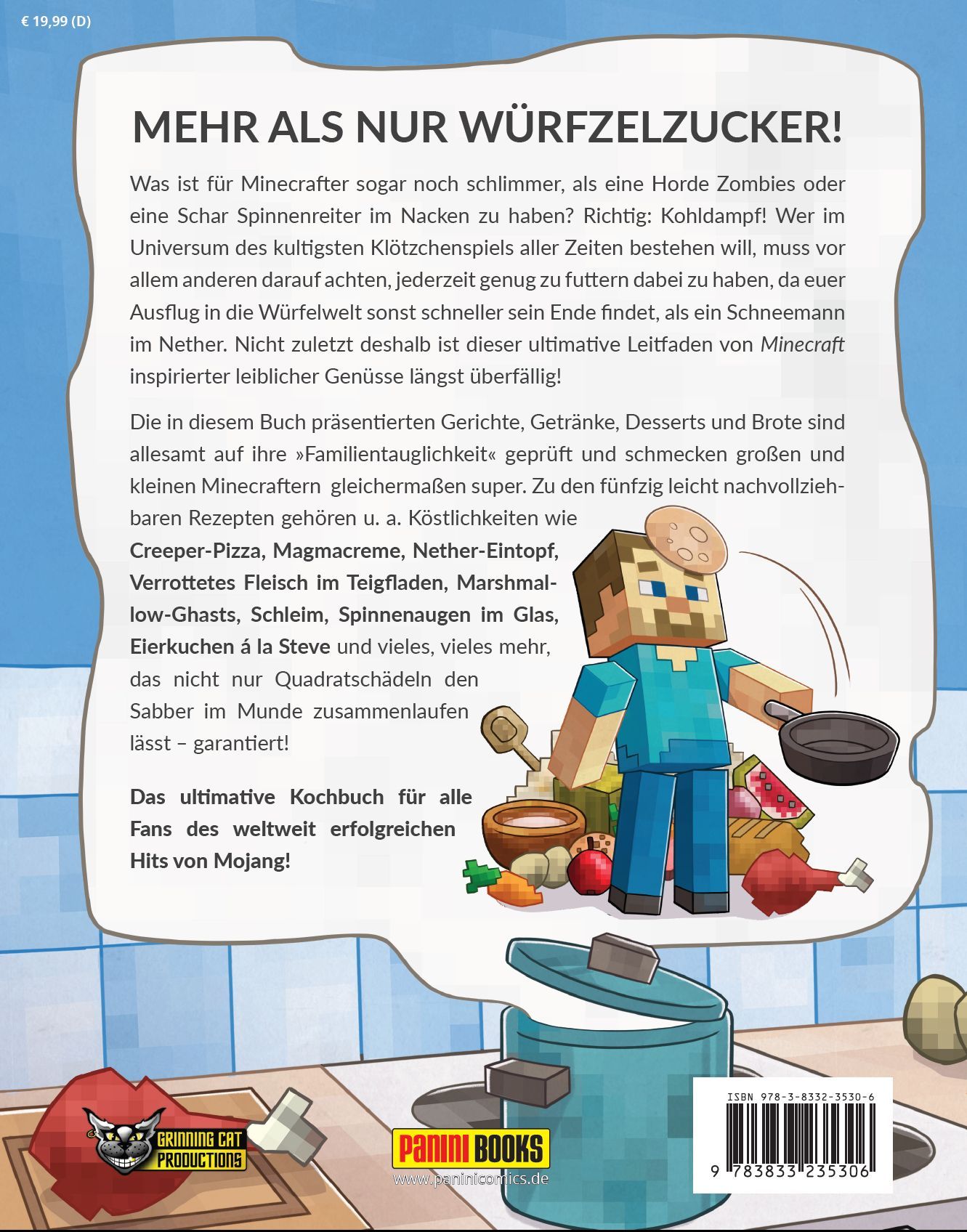 Rückseite des Kochbuchs "Das ultimative inoffizielle Kochbuch für Minecrafter". Text und Illustrationen mit Minecraft-Thema.