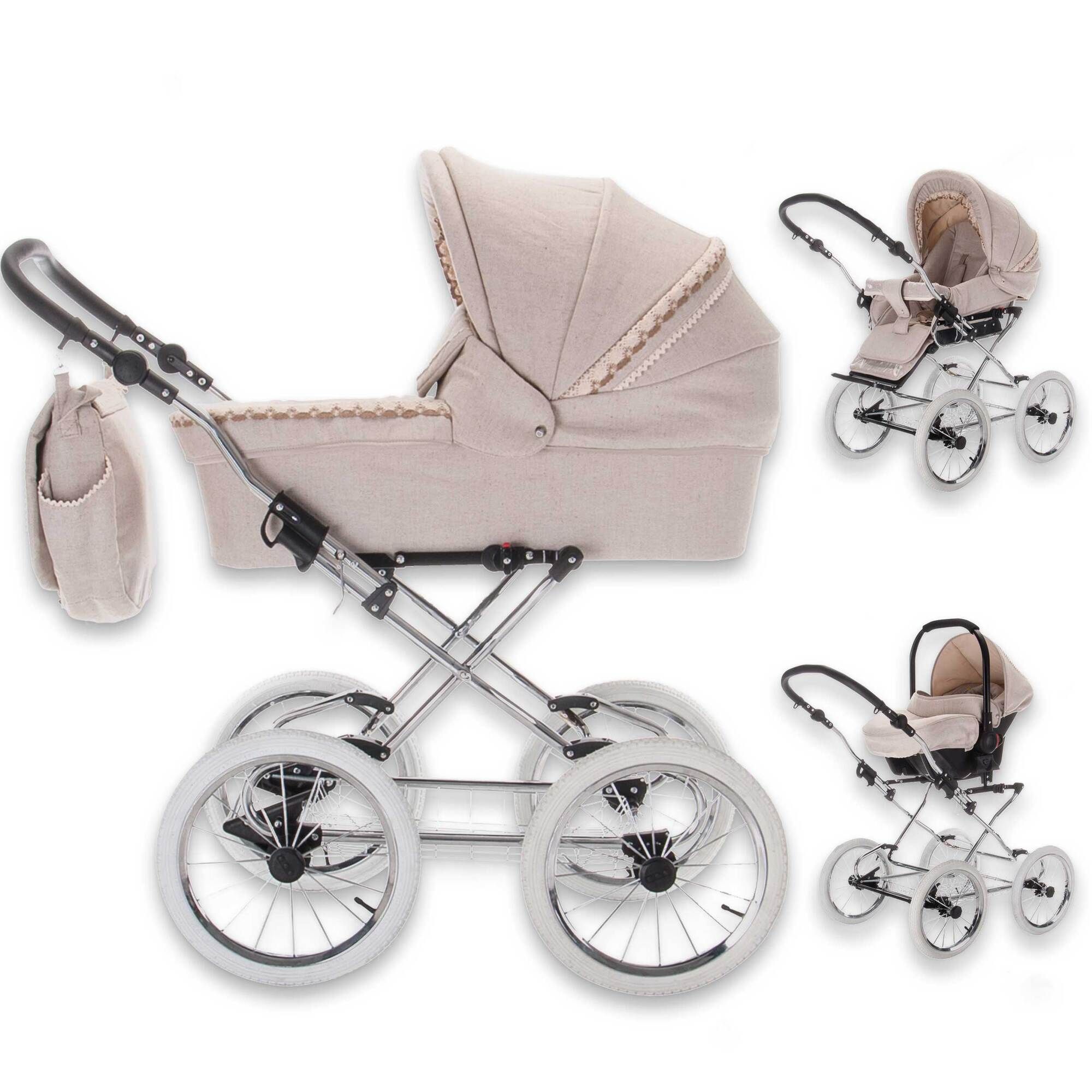 Beiger Kinderwagen mit silbernem Gestell, vier Rädern und Zubehör. Mehrere Ansichten.