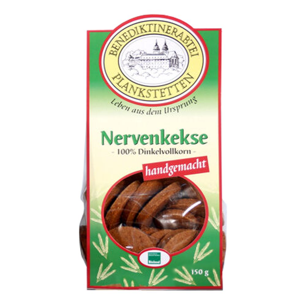 Packung Plankstettener Nervenkekse Bio. Sichtfenster zeigt Kekse. Aufschrift: Nervenkekse - 100% Dinkelvollkorn - handgemacht. Siegel.