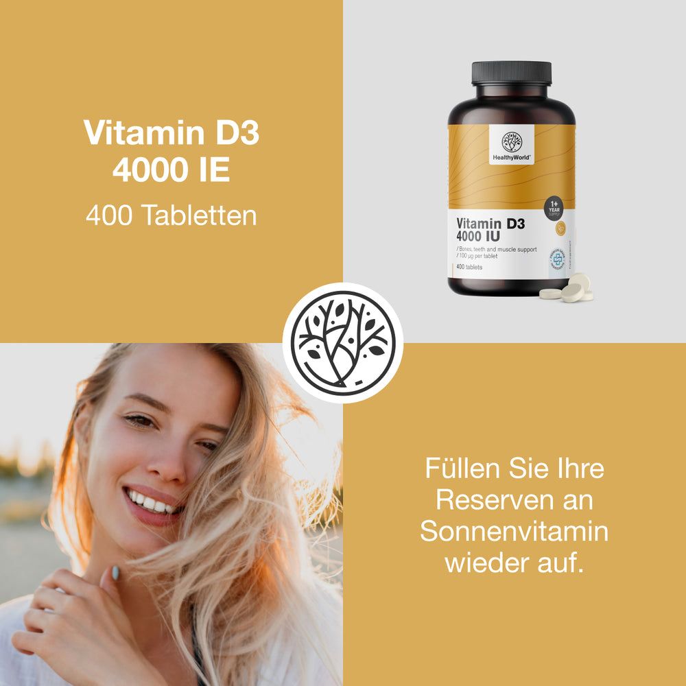 Werbebild mit Frau und Flasche. Aufschrift: Vitamin D3 4000 IE, 400 Tabletten. Logo HealthyWorld. Text: Füllen Sie Ihre Reserven an Sonnenvitamin wieder auf.
