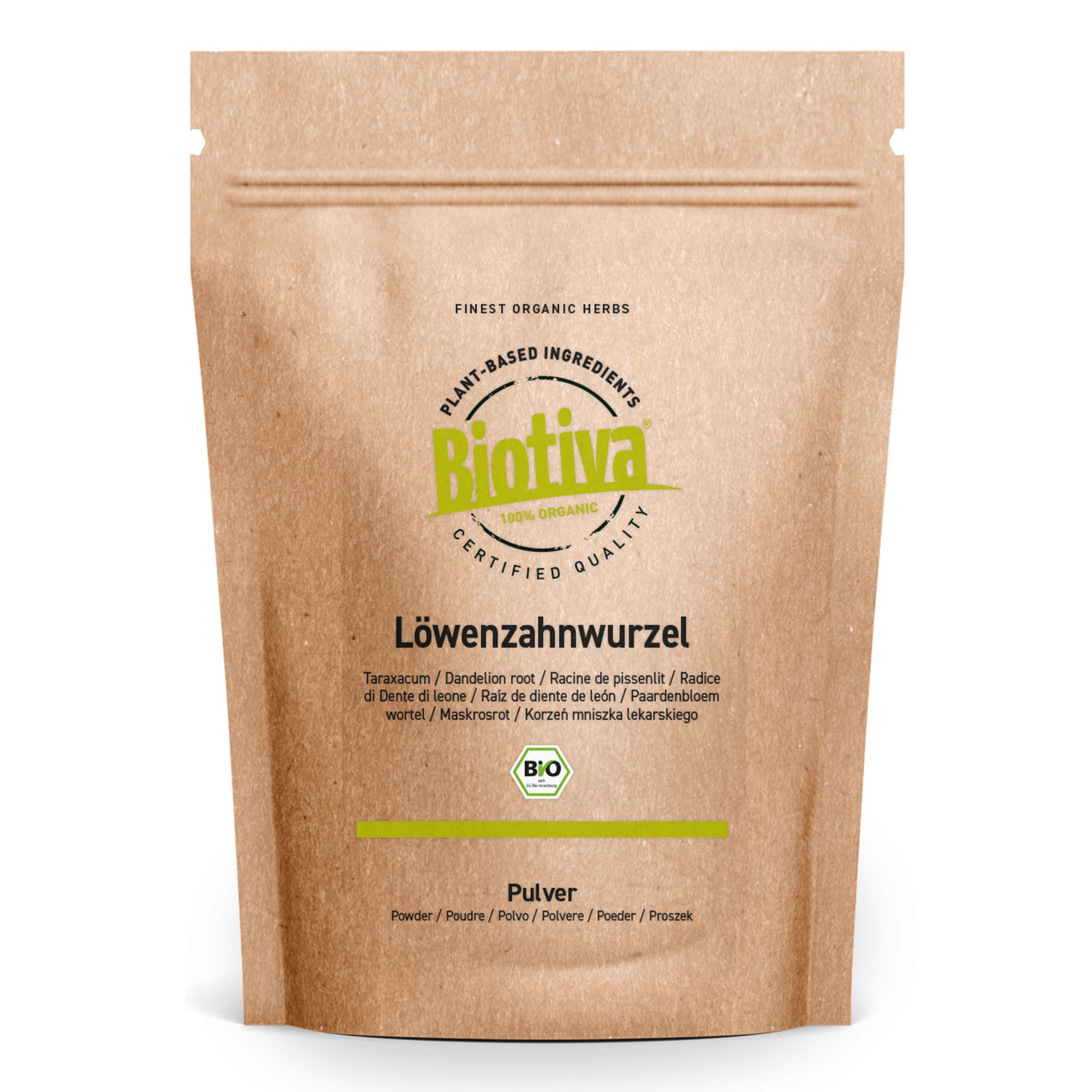 Beutel mit Löwenzahnwurzelpulver. Aufschrift: Biotiva, 100% Organic, Bio-Siegel. Braune Papierverpackung.