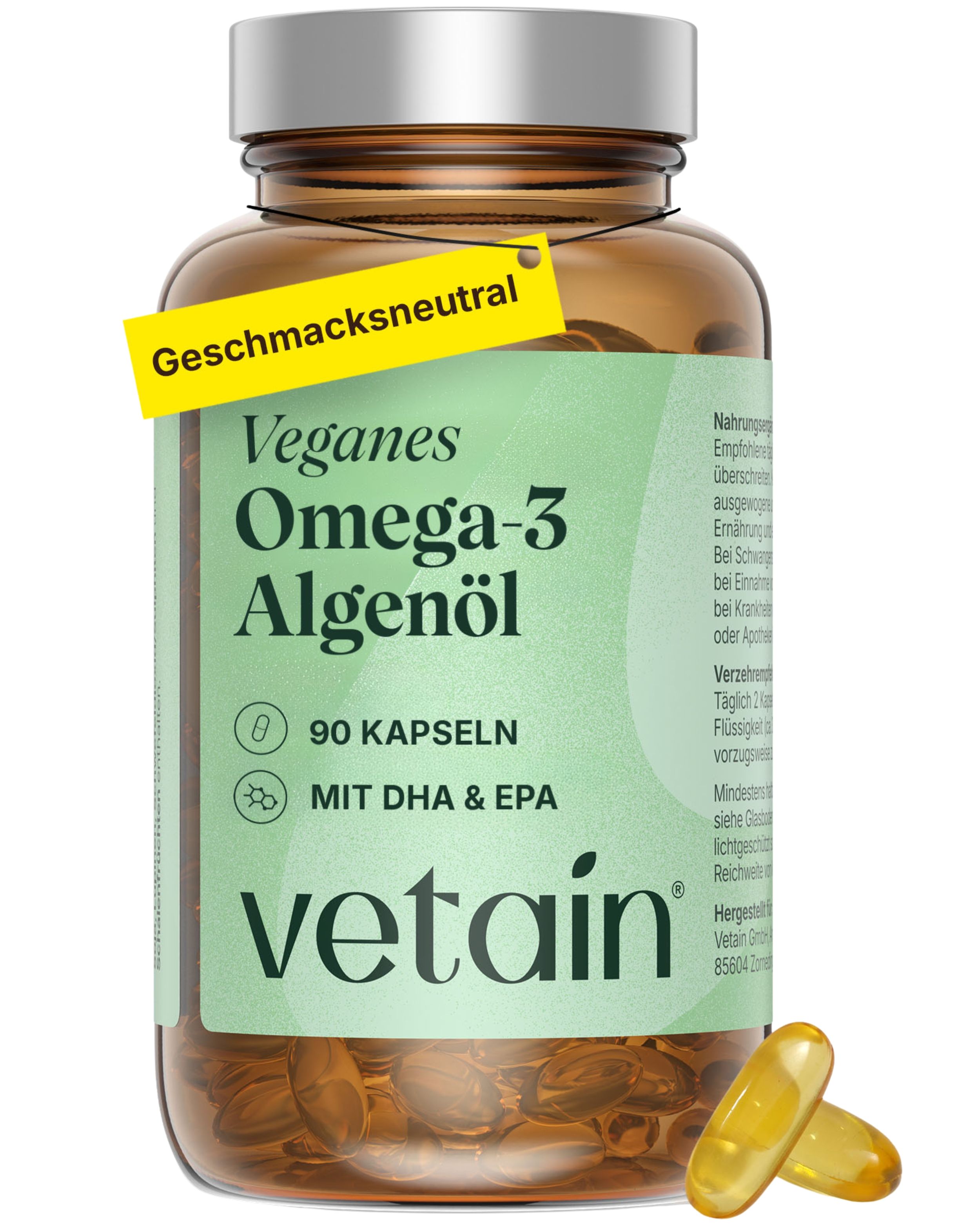 Braune Flasche mit Omega-3-Algenöl-Kapseln. Gelbes Etikett: "Geschmacksneutral". Aufschrift: "Vegan", "90 Kapseln", "vetain".