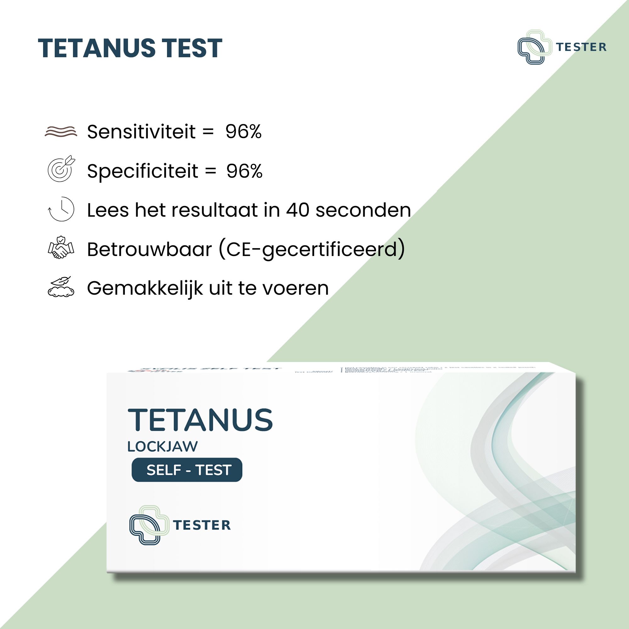 Infografik mit "Tetanus Test". Sensitivität 96%, Spezifität 96%. Ergebnis in 40 Sekunden. Zuverlässig (CE-zertifiziert).