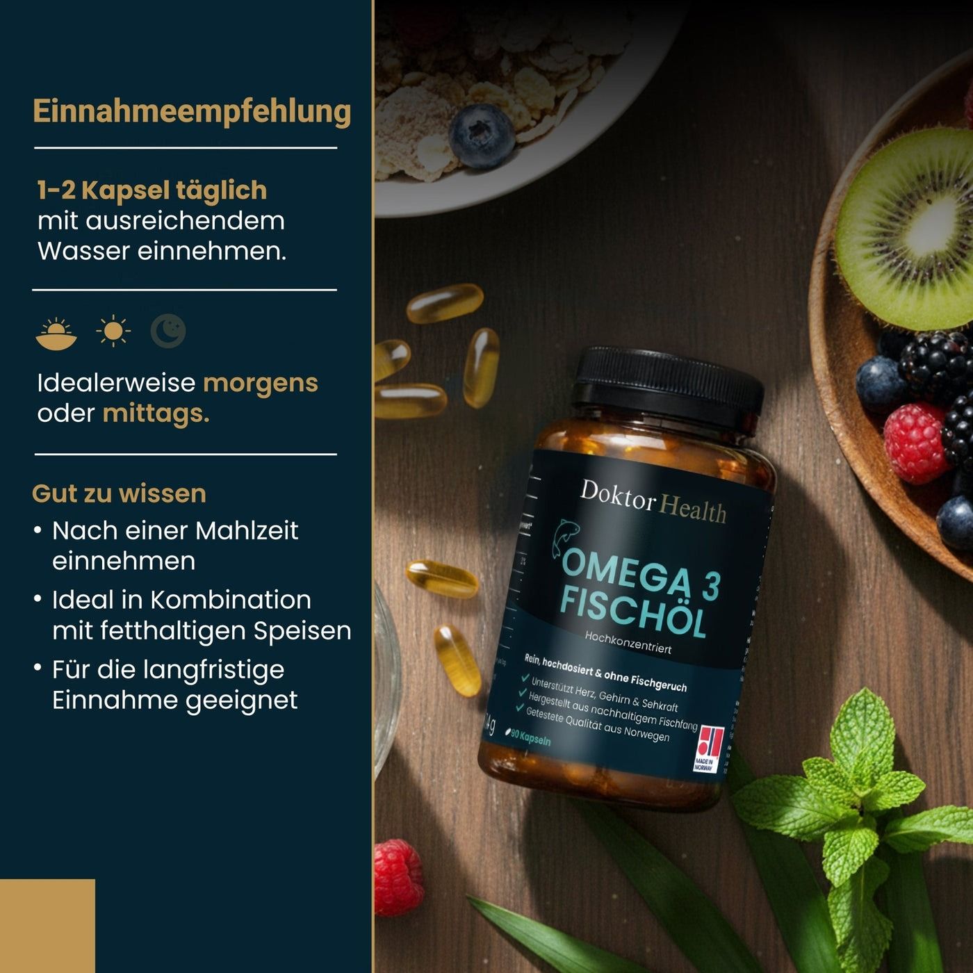 Flasche Omega-3 Fischöl, Kapseln, Beeren, Minze. Text: Einnahmeempfehlung. 1-2 Kapseln täglich. Einnahme mit Wasser, morgens oder mittags.