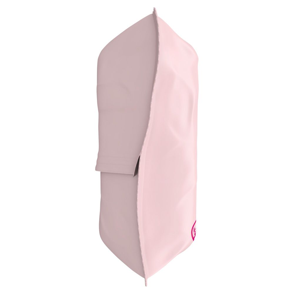 Rosa, rechteckige Verpackung, Seitenansicht. Mit einem kleinen, rechteckigen Verschluss.