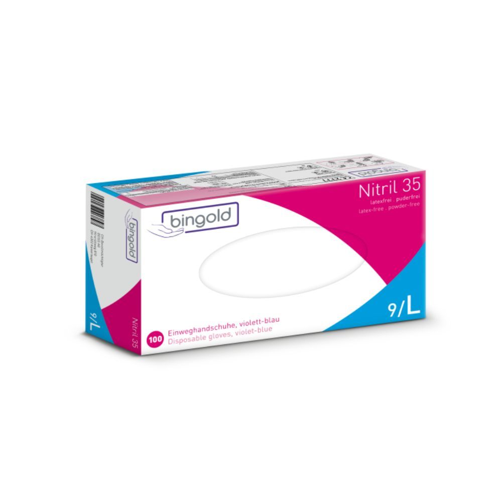 Schachtel mit blauen und pinken Akzenten. Aufschrift: bingold, Nitril 35, 9/L. Enthält 100 Einweghandschuhe, violett-blau.