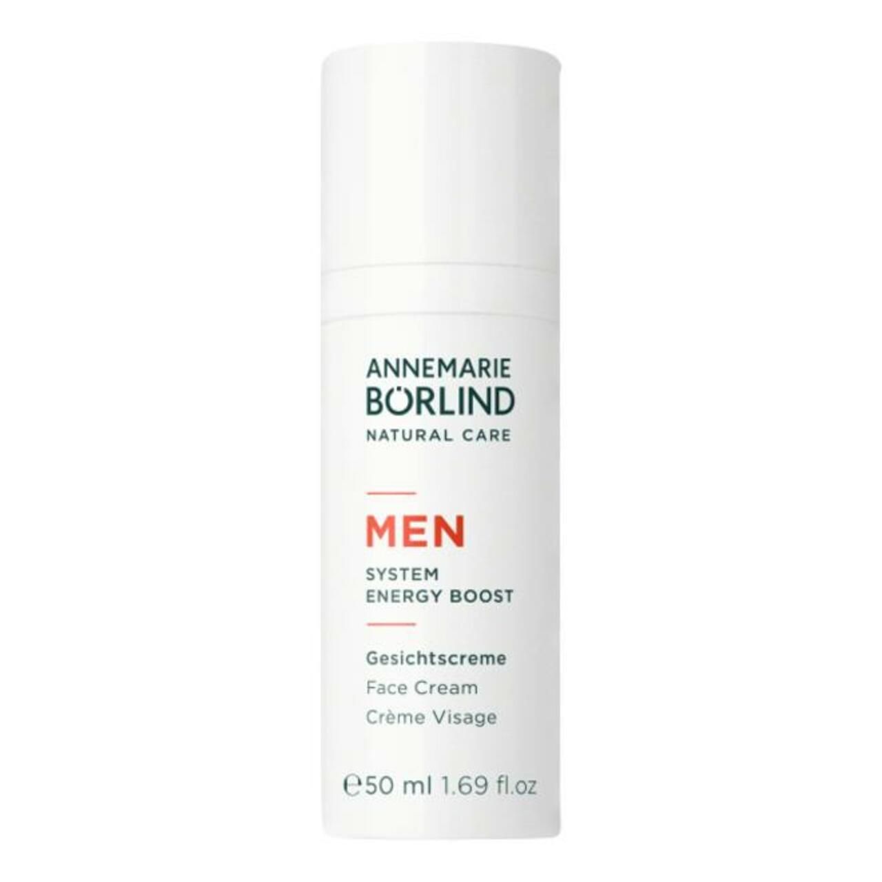 Weiße Flasche mit ANNEMARIE BÖRLIND MEN Gesichtscreme. Text: Face Cream, Crème Visage. 50 ml.