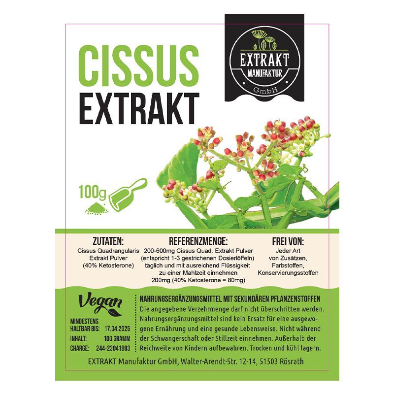 Weißes Etikett mit grüner Schrift. Aufschrift: Cissus Extrakt, 100g, Vegan. Illustration von Cissus Quadrangularis.