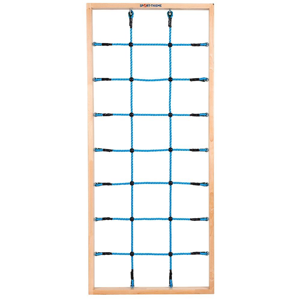 Kletterwand-Einzelelement mit blauem Kletternetz und Holzrahmen. Oben steht "Sport-Thieme".