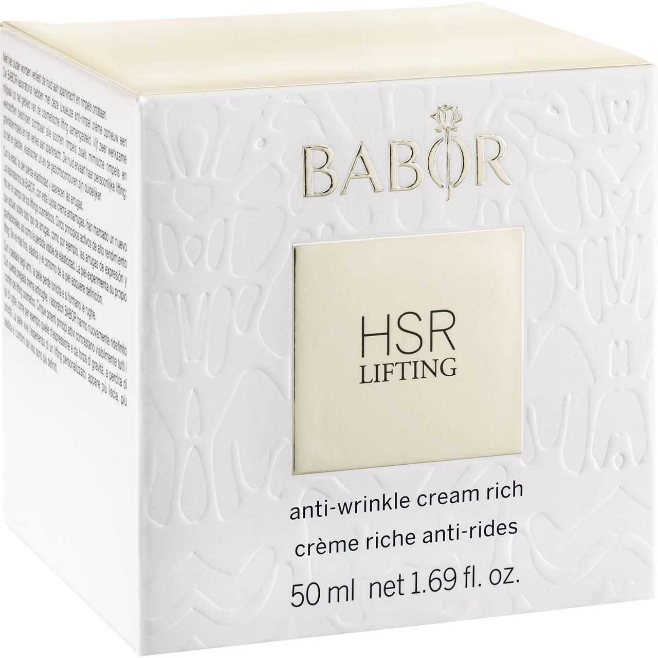 Weiße Verpackung mit geprägtem Muster. Aufschrift: Babor, HSR LIFTING, anti-wrinkle cream rich, 50 ml.