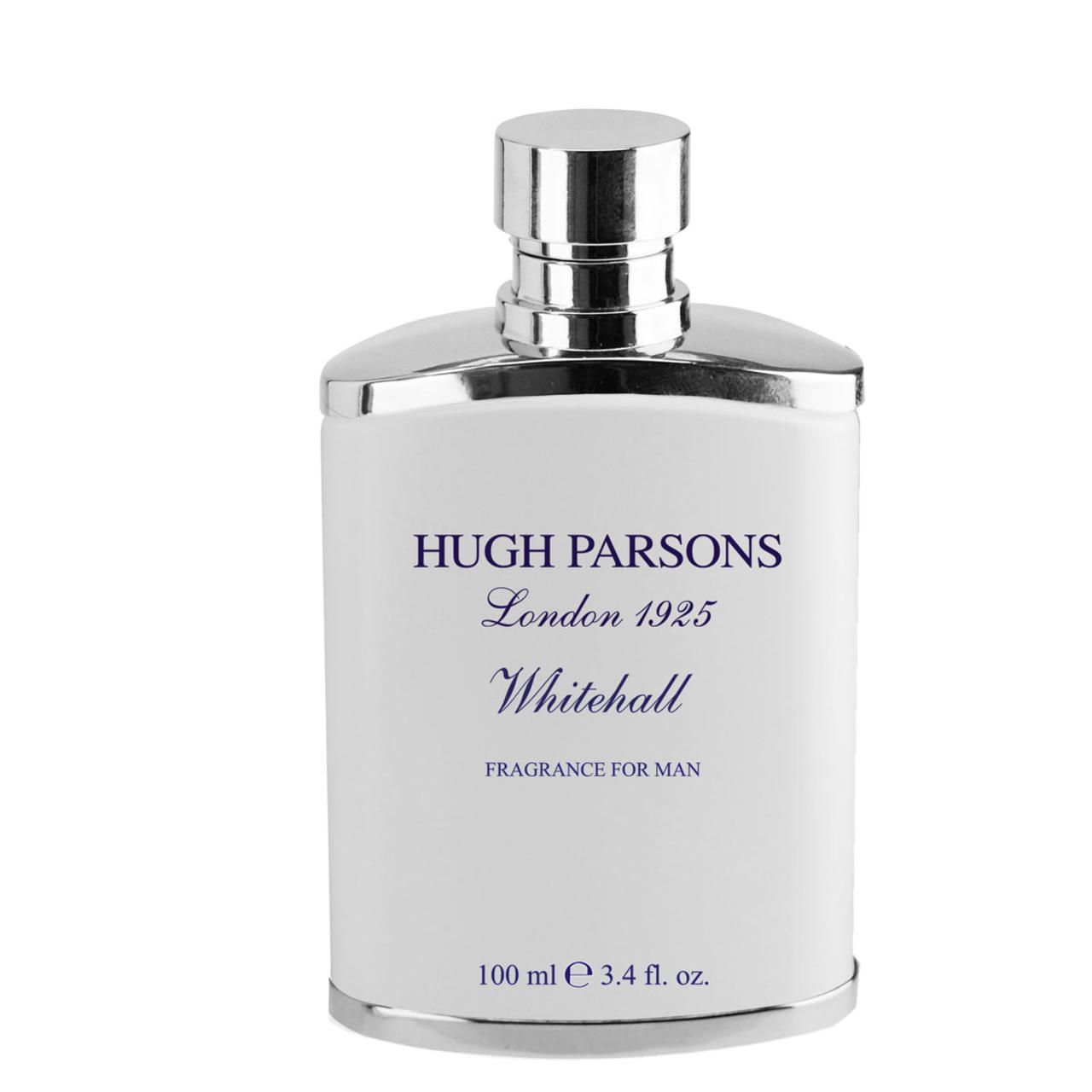Weißer Flakon mit silbernem Verschluss. Aufschrift: Hugh Parsons London 1925, Whitehall, Fragrance for Man. Volumenangabe.