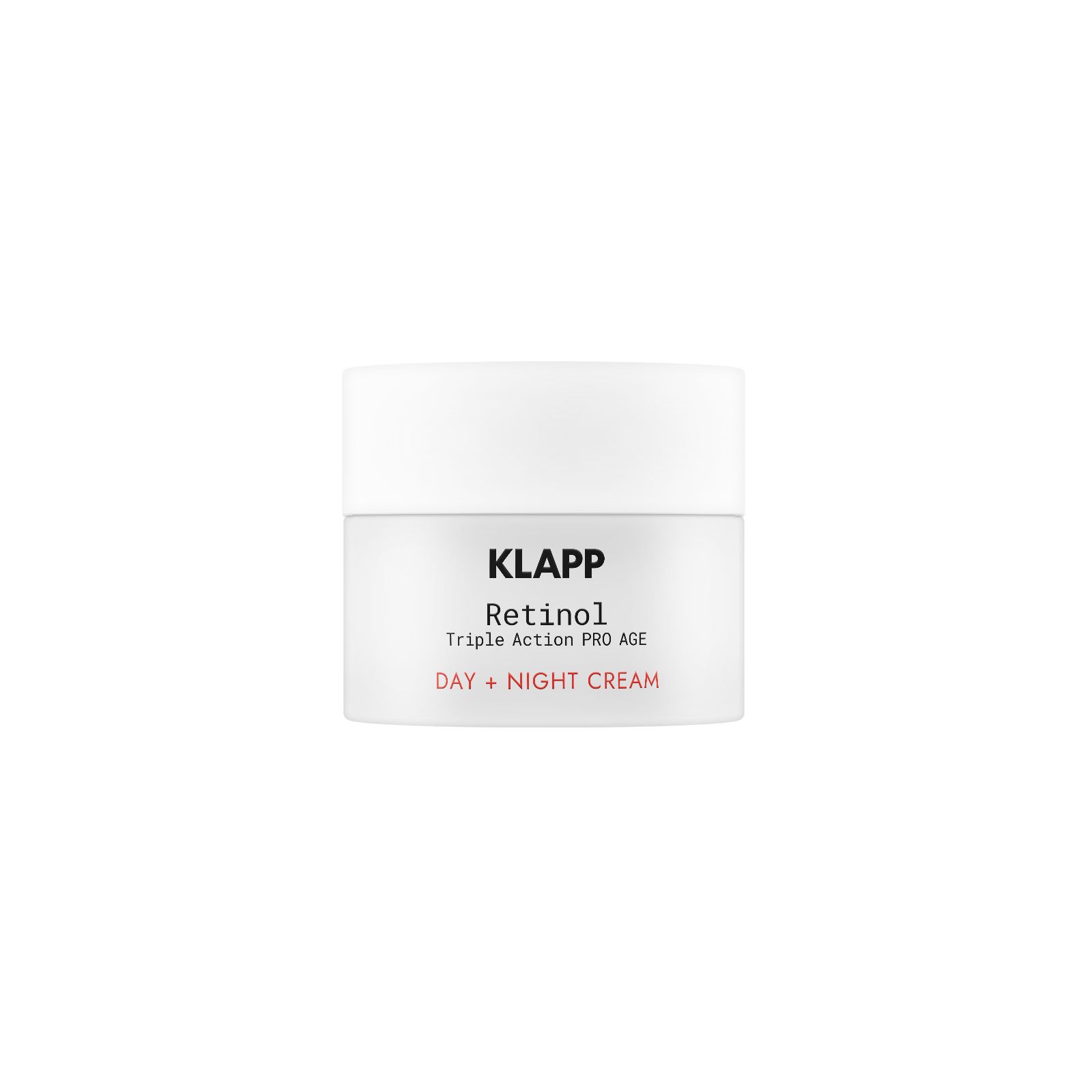 Weißes Tiegel mit Klapp, Retinol Triple Action PRO AGE. Tag + Nacht Creme. Aufschrift: DAY + NIGHT CREAM.