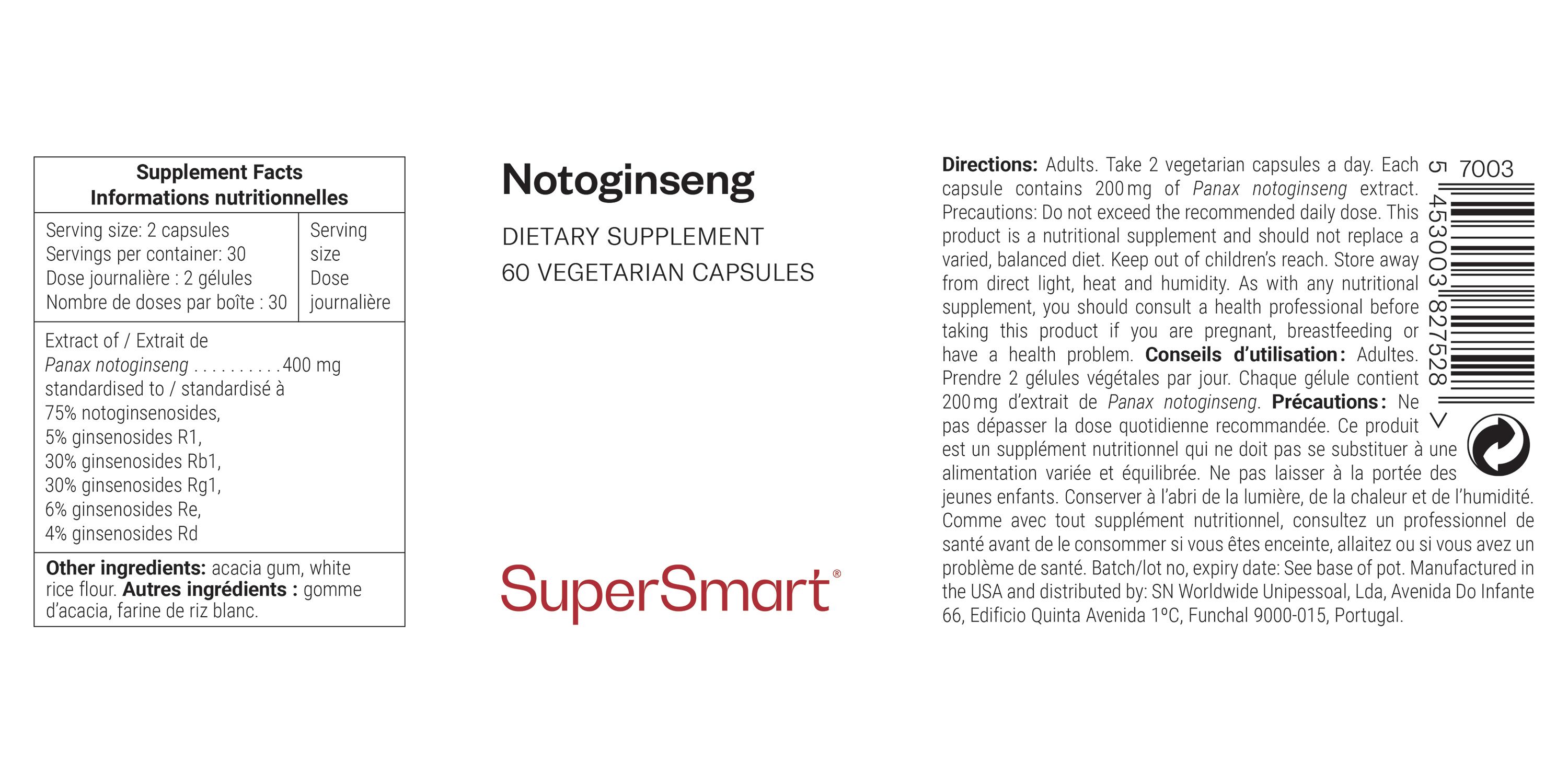 Etikett mit Informationen zu Notoginseng-Kapseln. Enthält Angaben zu Inhaltsstoffen, Dosierung und Hersteller SuperSmart.