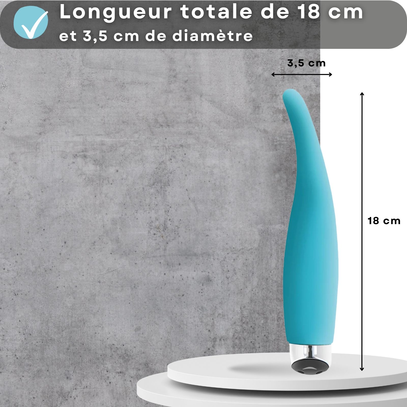 Vibrateur bleu. Texte: 18cm de long, 3,5cm de diamètre. Dimensions affichées.