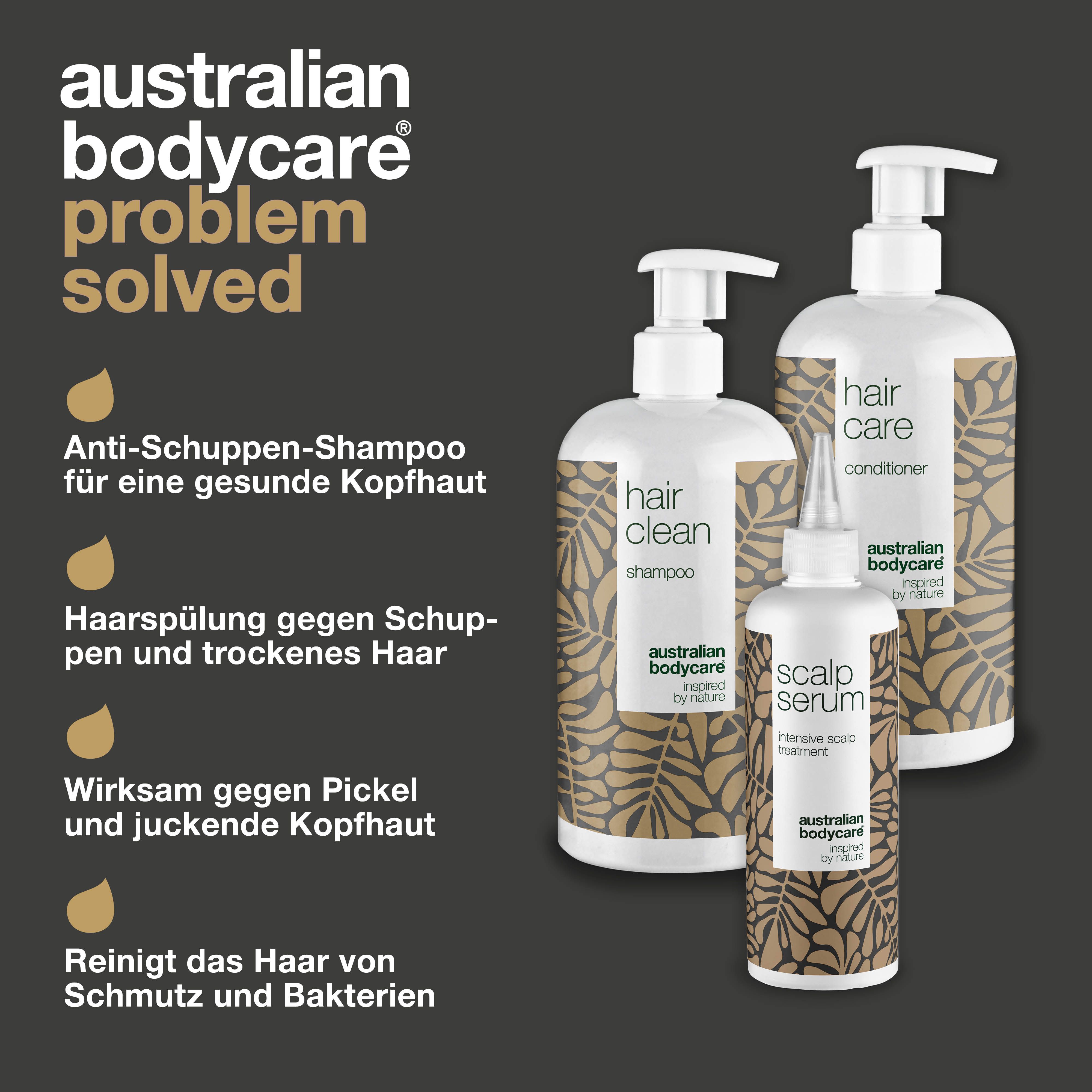Drei Flaschen Australian Bodycare. Text: Anti-Schuppen-Shampoo, Haarspülung, wirksam gegen Pickel und juckende Kopfhaut.
