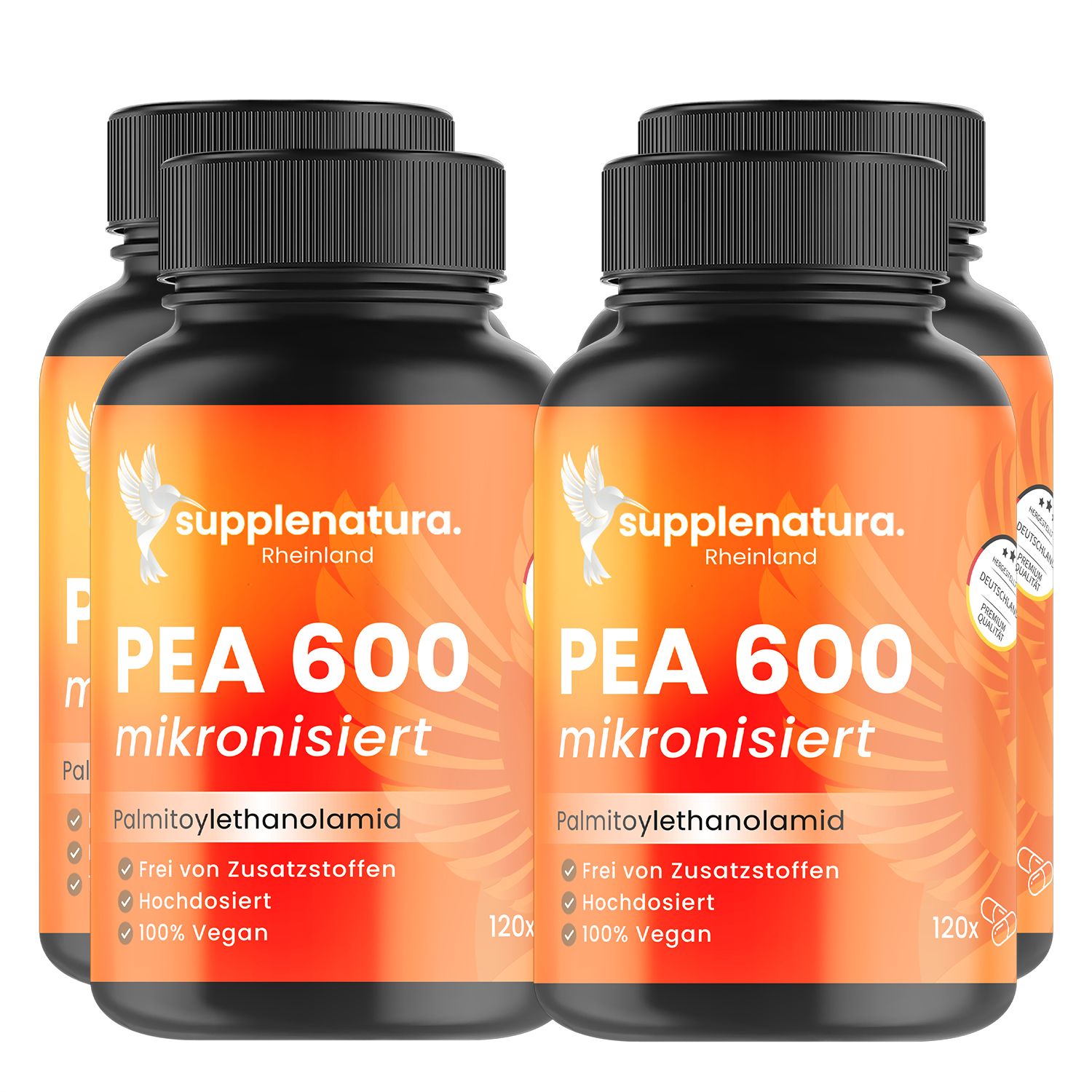 Mehrere Flaschen PEA 600 Kapseln. Schwarze Flaschen mit orangefarbenen Etiketten. Aufschrift: supplenatura, PEA 600 mikronisiert, Palmitoylethanolamid, 120 Kapseln.