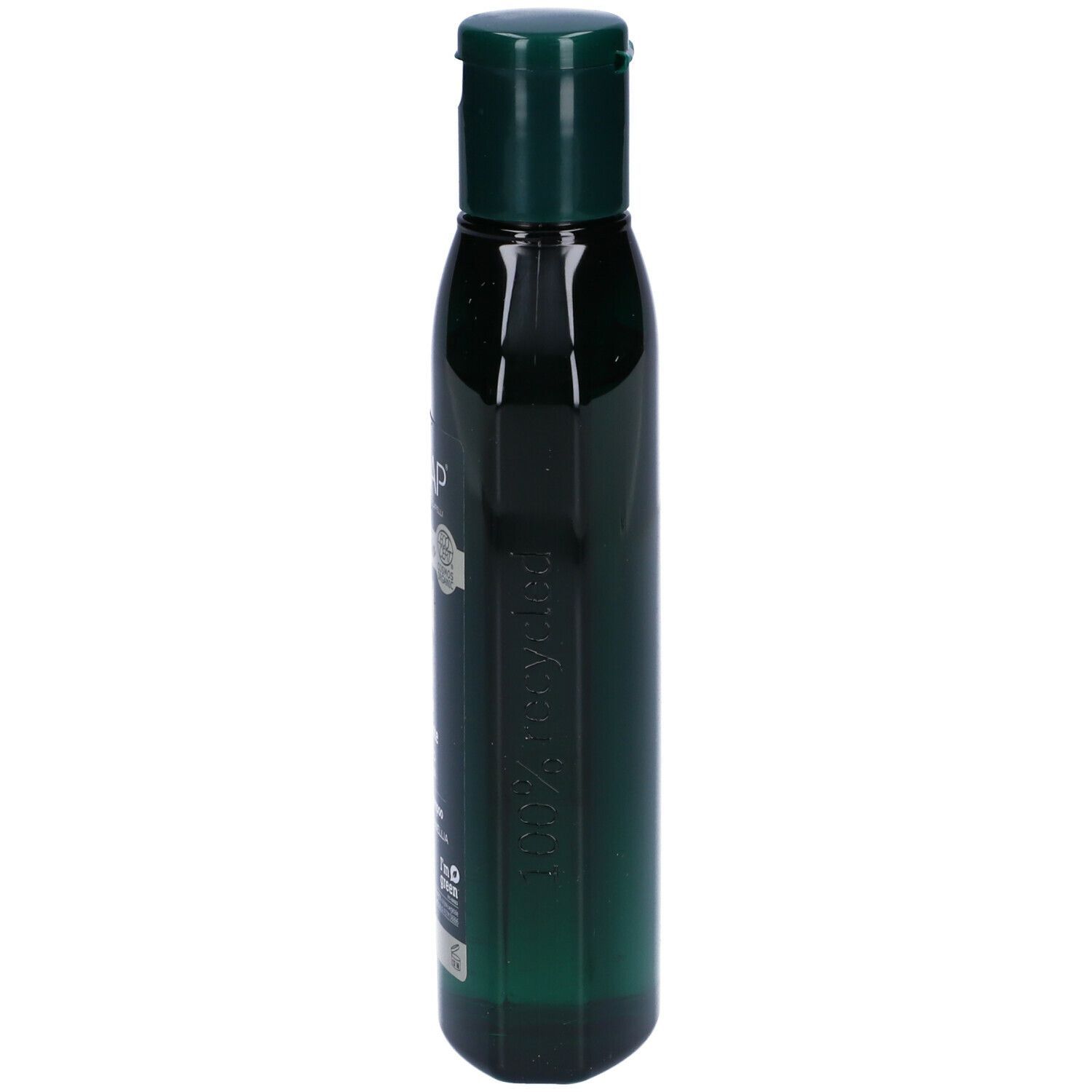 Seitenansicht einer dunkelgrünen Flasche Biokap Bellezza Bio Rebalancing Shampoo mit Text.