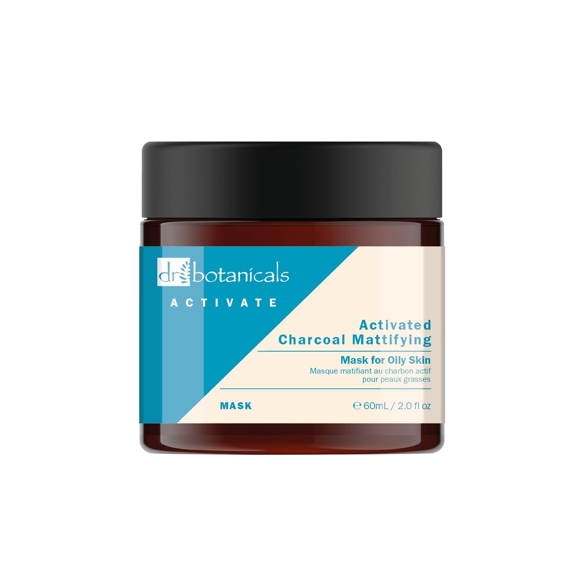Braune Glasdose mit schwarzem Deckel. Aufkleber mit Produktinformationen: Activated Charcoal Mattifying Mask für fettige Haut.