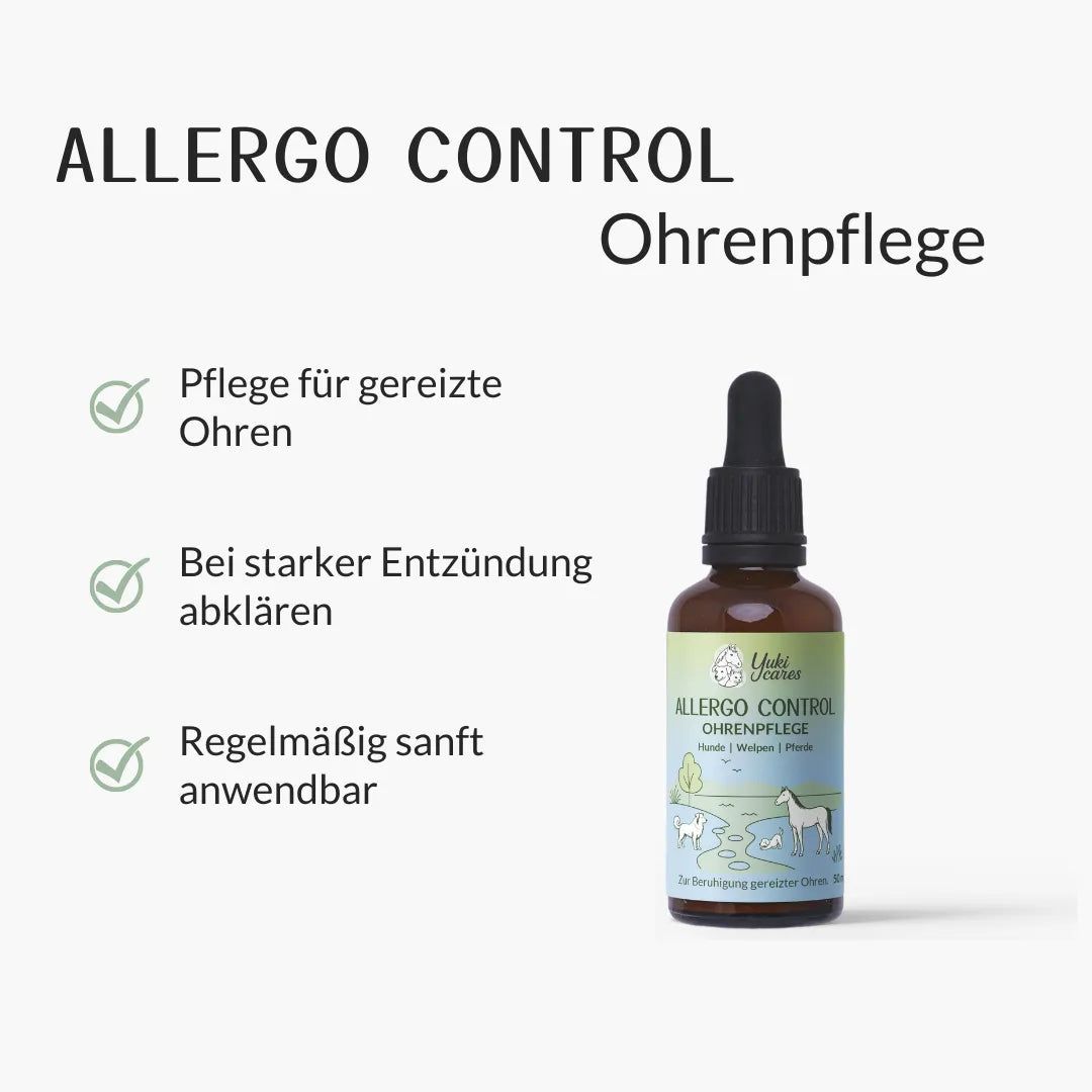 Braune Flasche mit Tropfer. Etikett: Allergo Control. Grüne Check-Symbole mit Text. Pflege für gereizte Ohren.