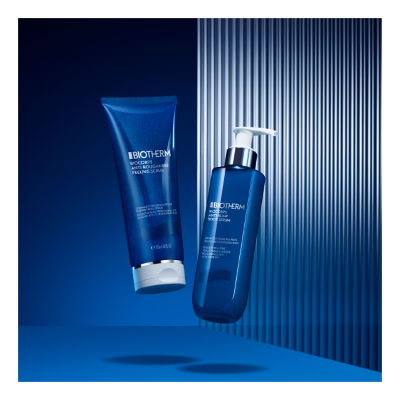 Zwei Biotherm-Produkte: Anti-Rougheurs Peeling Scrub und Biocorps Body Serum.