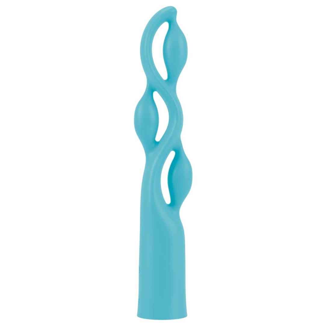 Türkisfarbener Vibrator mit gewundener Form und Aussparungen. Zylindrischer Griff.