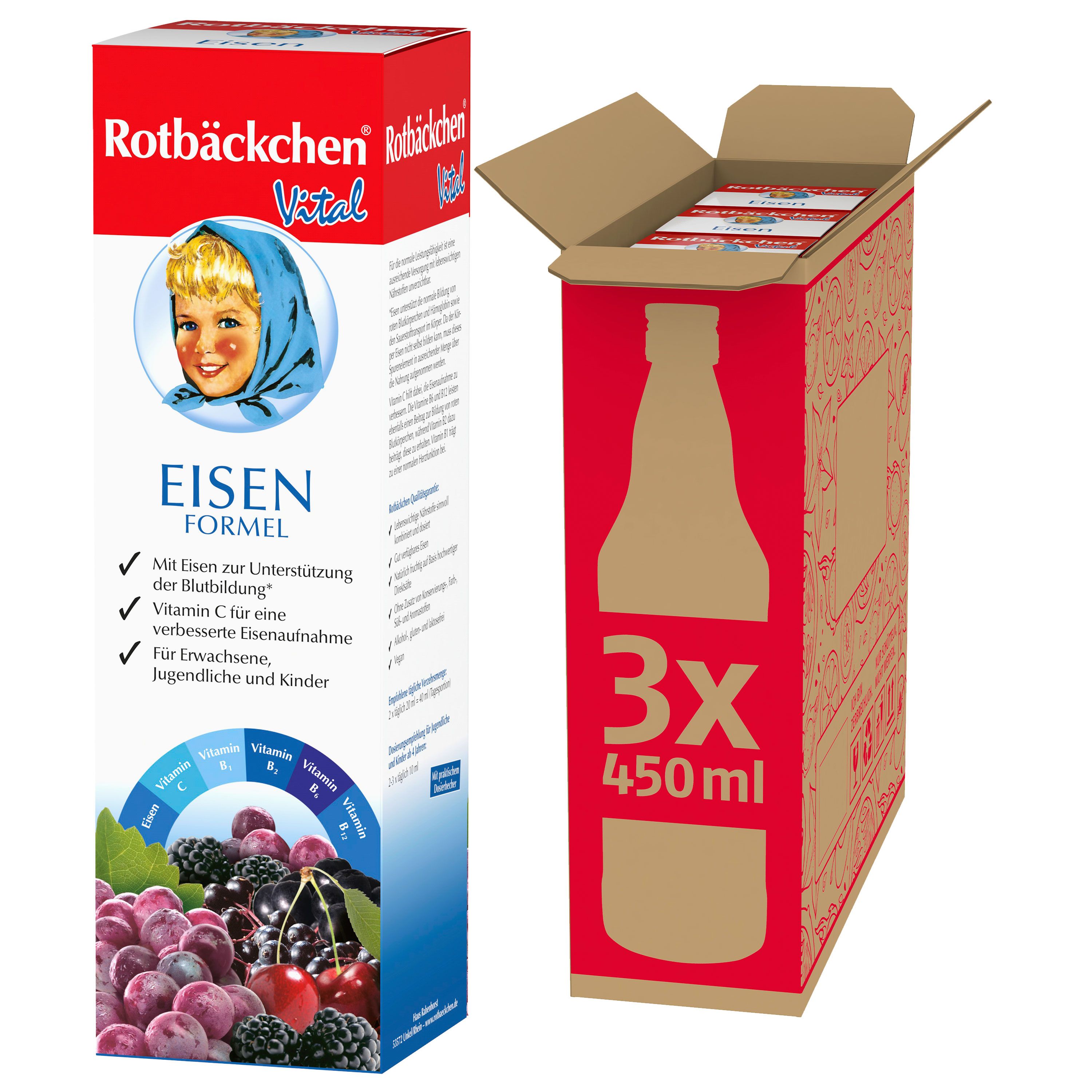 Rotbäckchen Vital Eisen Formel. Rote Verpackung mit Produktbild und Text. Geöffnete Box mit Flaschen. 3 Flaschen, je 450ml.
