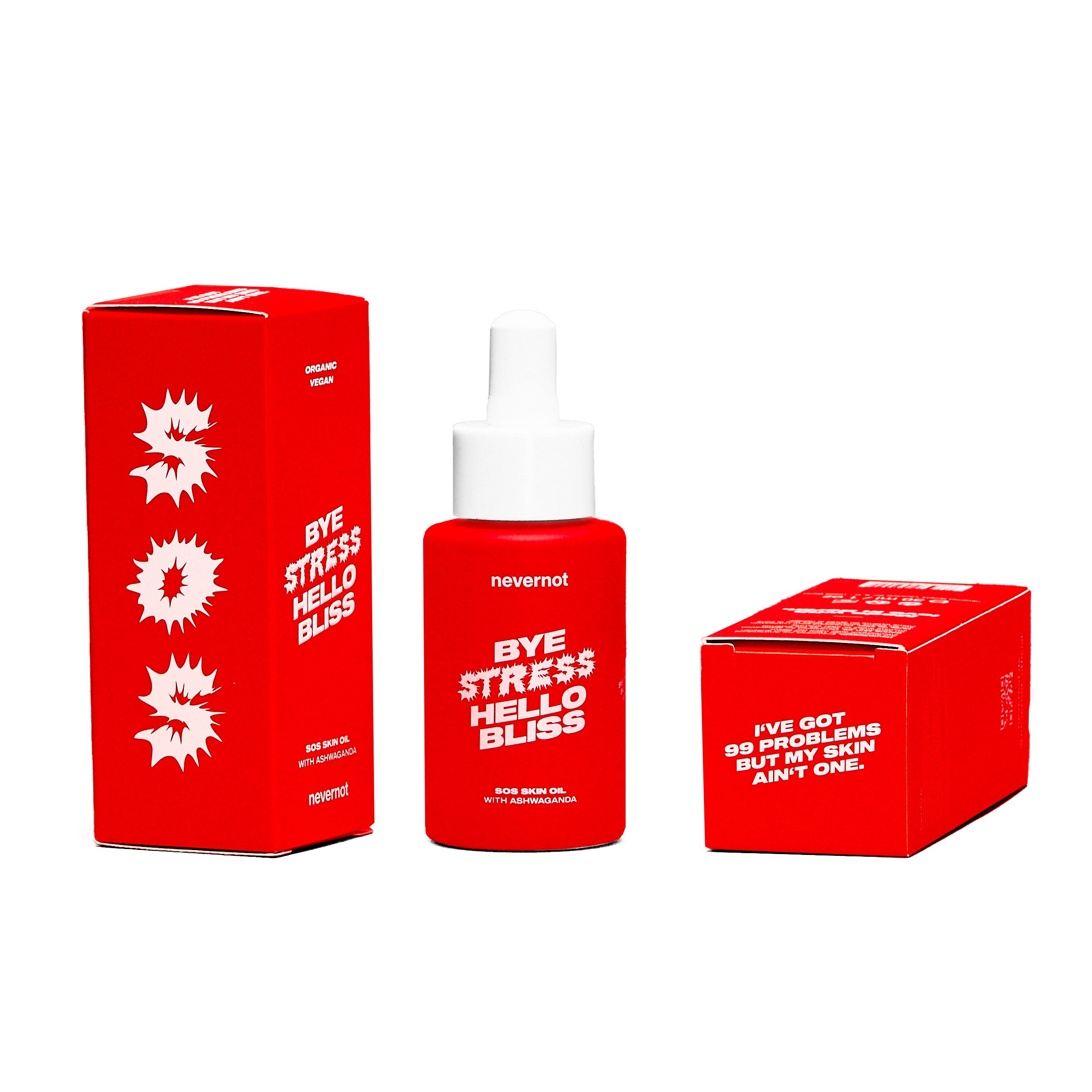 Rotes Ölfläschchen mit weißem Zerstäuber und zwei roten Schachteln. Aufschrift: Bye Stress Hello Bliss und SOS.