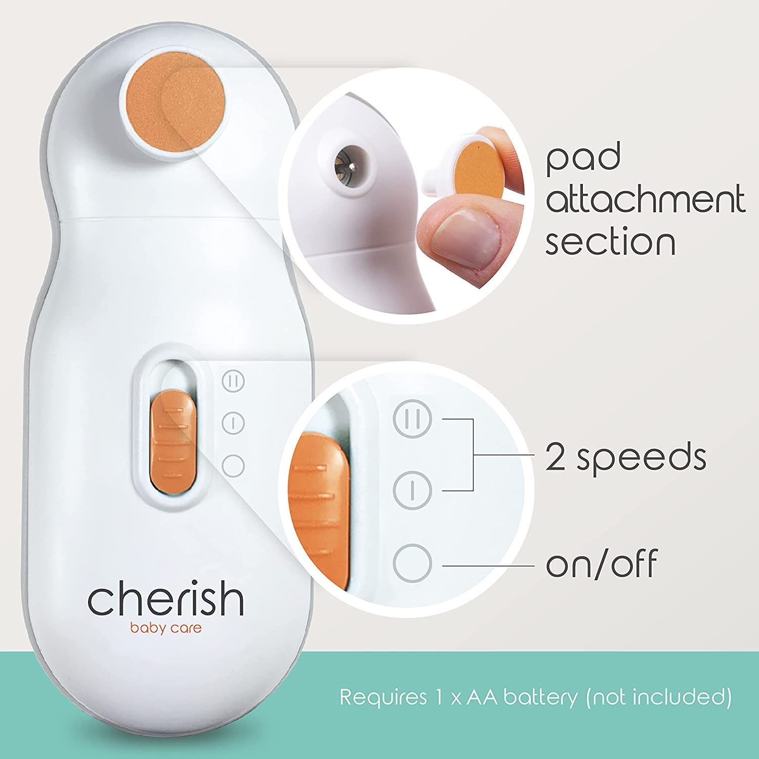 Elektrische Nagelfeile mit orangefarbenen Bedienelementen. Zeigt die Funktionen: 2 Geschwindigkeiten und Ein/Aus. Benötigt 1 AA-Batterie (nicht enthalten).