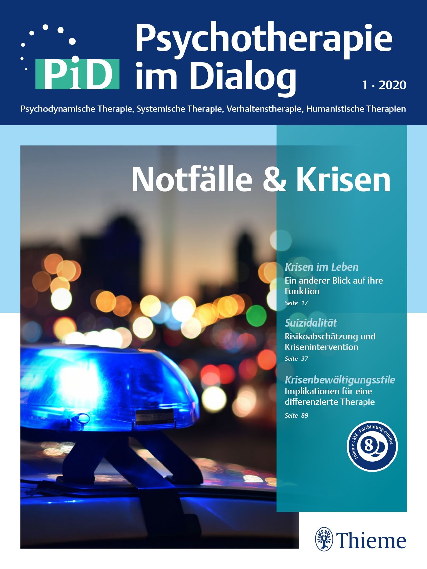 Zeitschrift "Psychotherapie im Dialog". Titel: Notfälle & Krisen. Blaulicht im Hintergrund. Thieme Verlag.