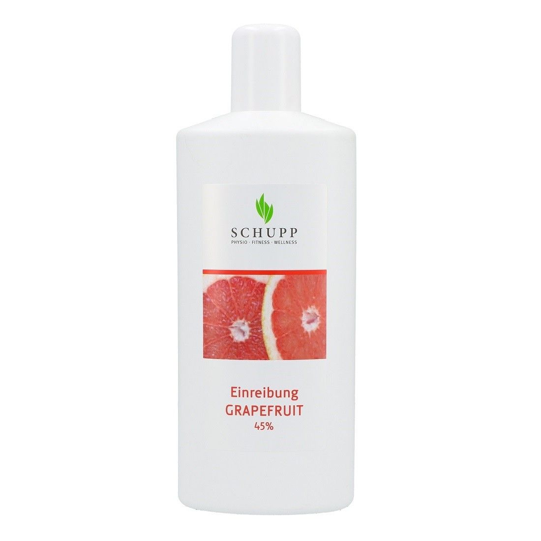 Weiße Flasche mit Etikett. Auf dem Etikett: Marke SCHUPP, Grapefruit-Abbildung, Text "Einreibung GRAPEFRUIT 45%".