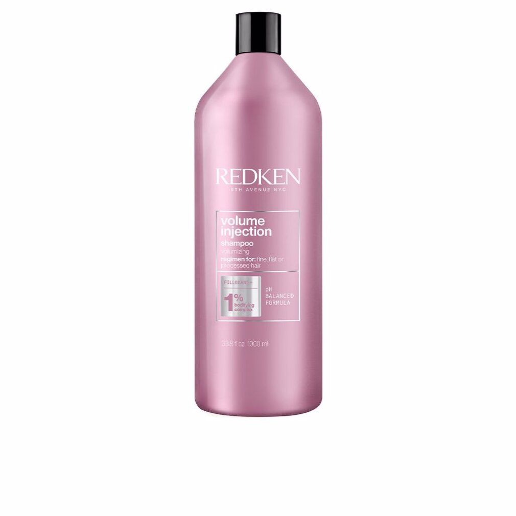 Rosa Shampoo-Flasche mit schwarzem Deckel. Aufschrift: REDKEN, Volume Injection Shampoo. 1000 ml.