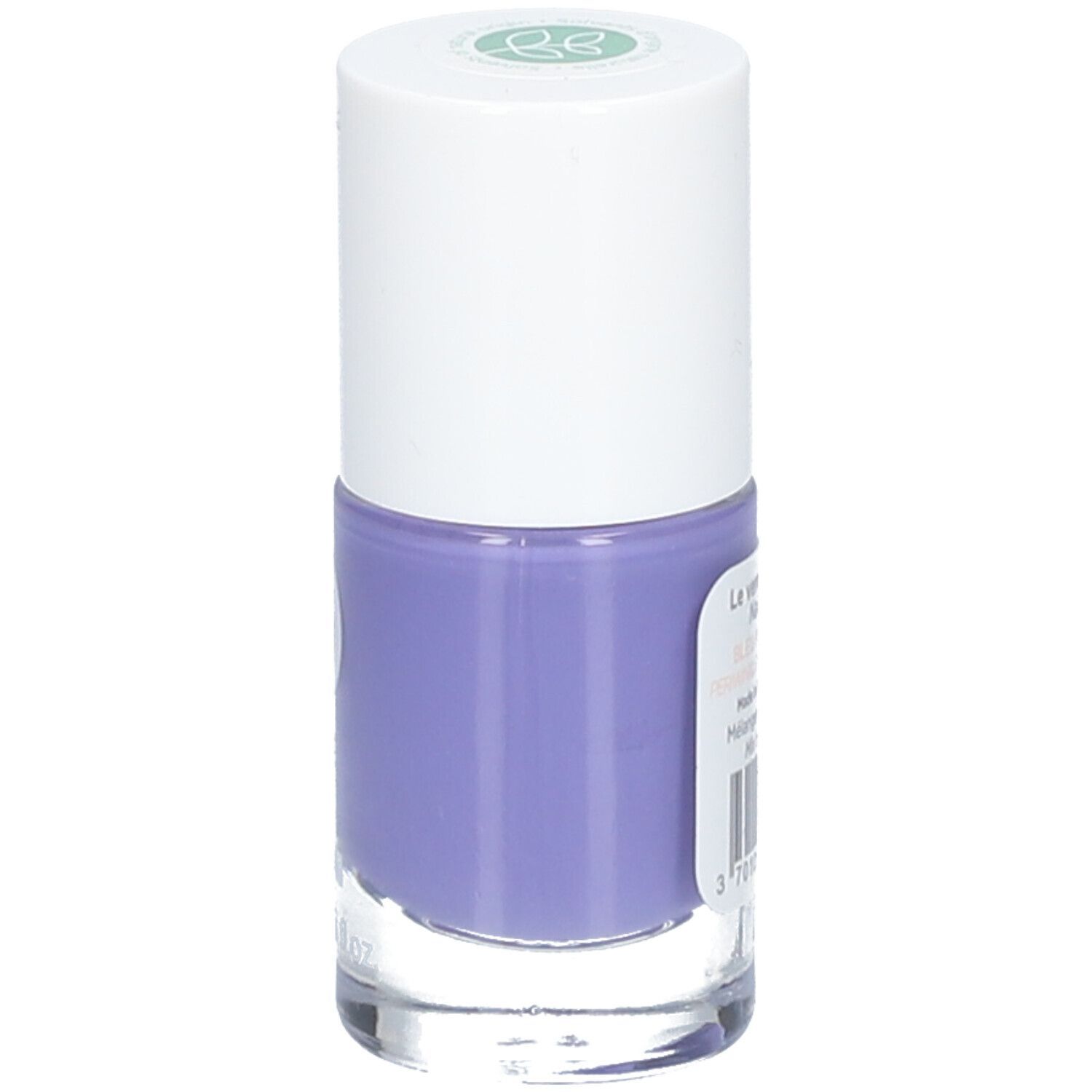 Nagellackflasche, pervanche-blaue Farbe. Weißer Deckel. Aufkleber mit Produktinformationen.