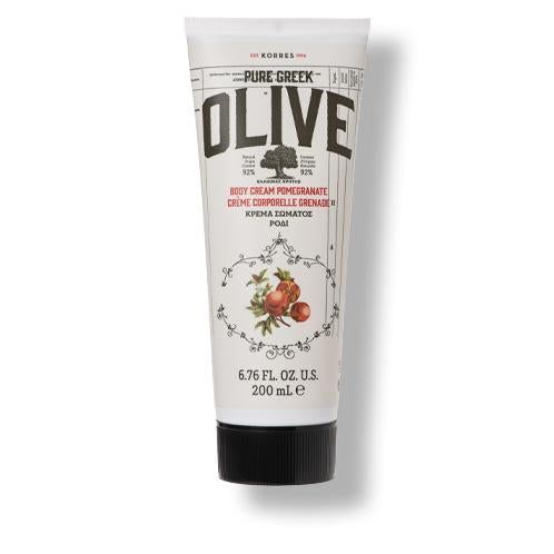 Creme-Tube mit schwarzem Deckel. Aufschrift: OLIVE, BODY CREAM POMEGRANATE, 6.76 FL. OZ. U.S. 200 mL e. Mit Illustrationen.