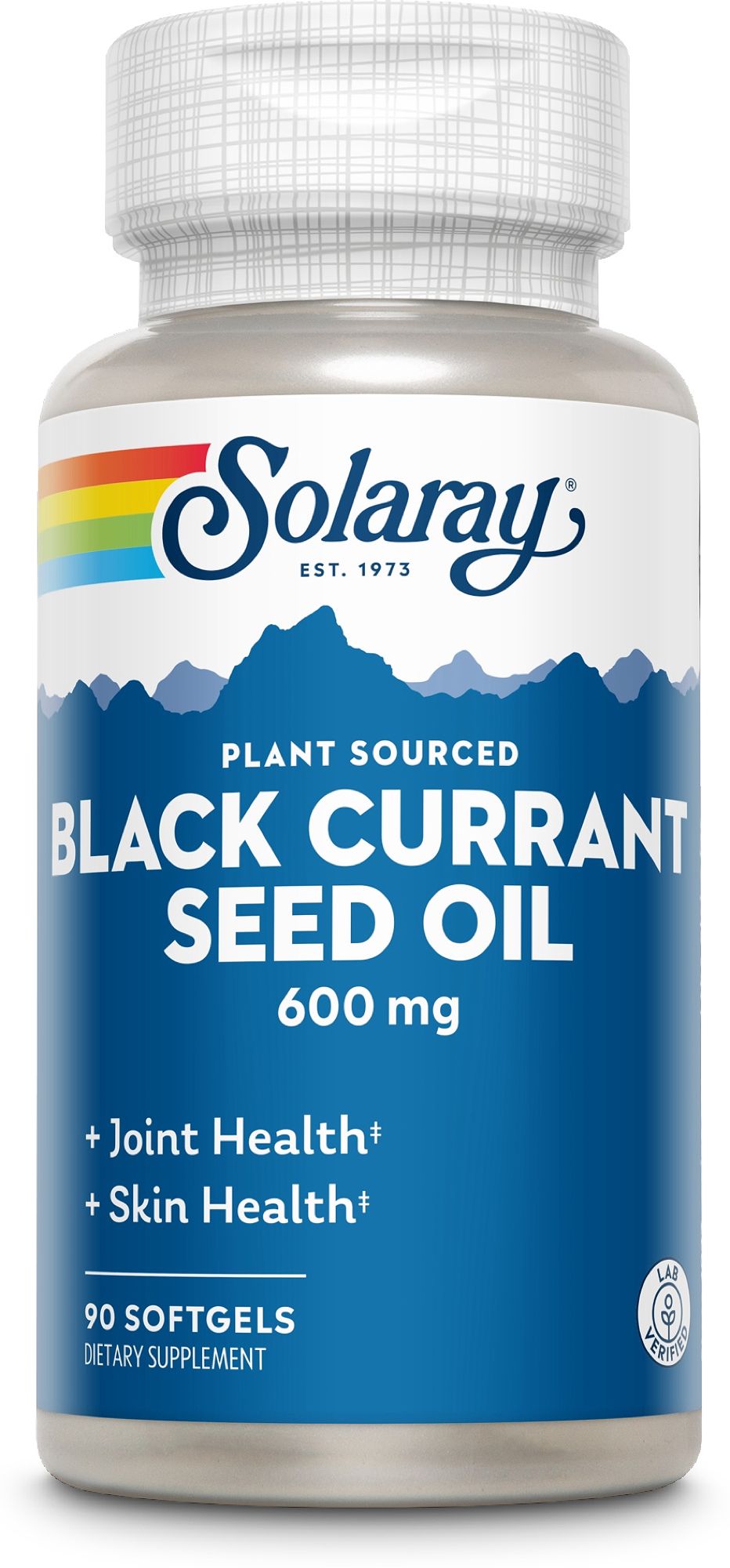Solaray Schwarzes Johannisbeersamenöl 600 mg, 90 Softgels. Flasche mit blauem Etikett und weißem Deckel.