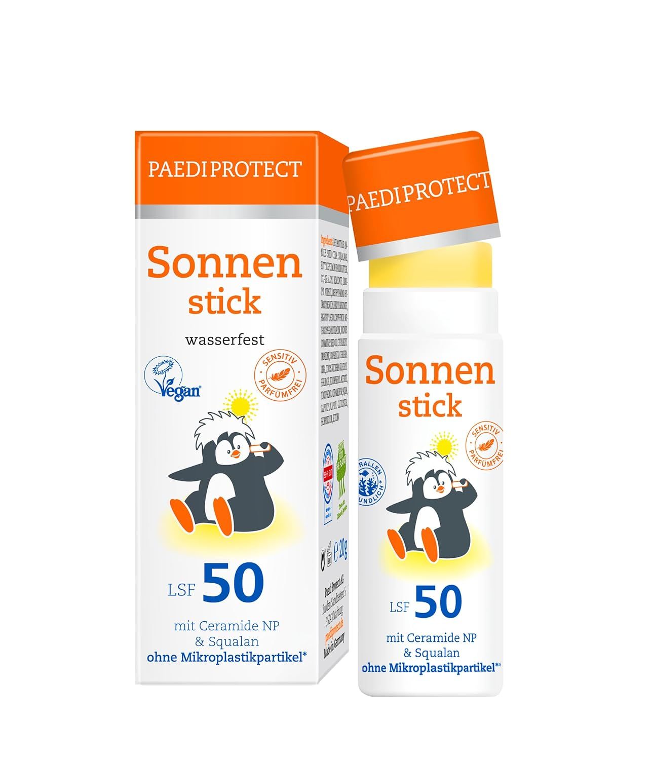 Sonnenstick LSF 50, mit Ceramide NP & Squalane. Verpackung und Stick mit Pinguin-Motiv. Vegan-Siegel. Wasserfest.
